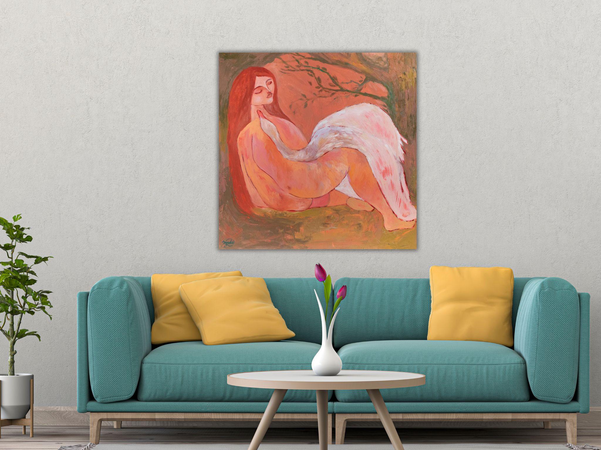 Leda and Swan. Inspired by Greek Mythology Symbolist Art Oil Painting 80x80cm For Sale 14