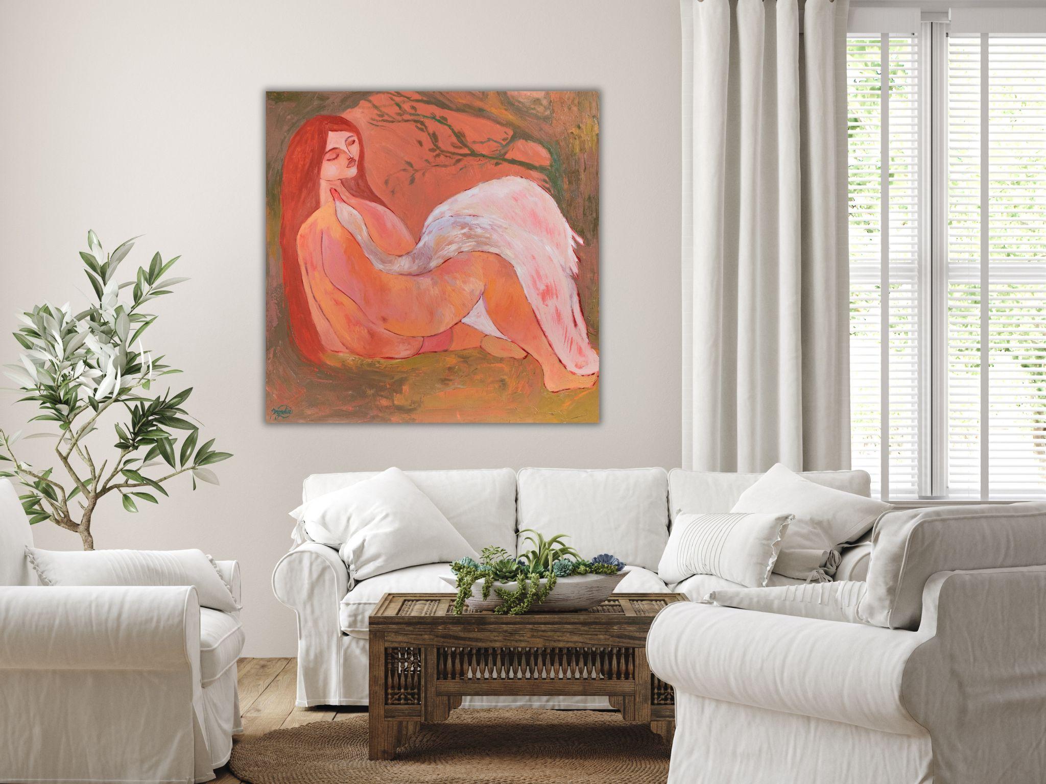 Leda and Swan. Inspired by Greek Mythology Symbolist Art Oil Painting 80x80cm For Sale 15