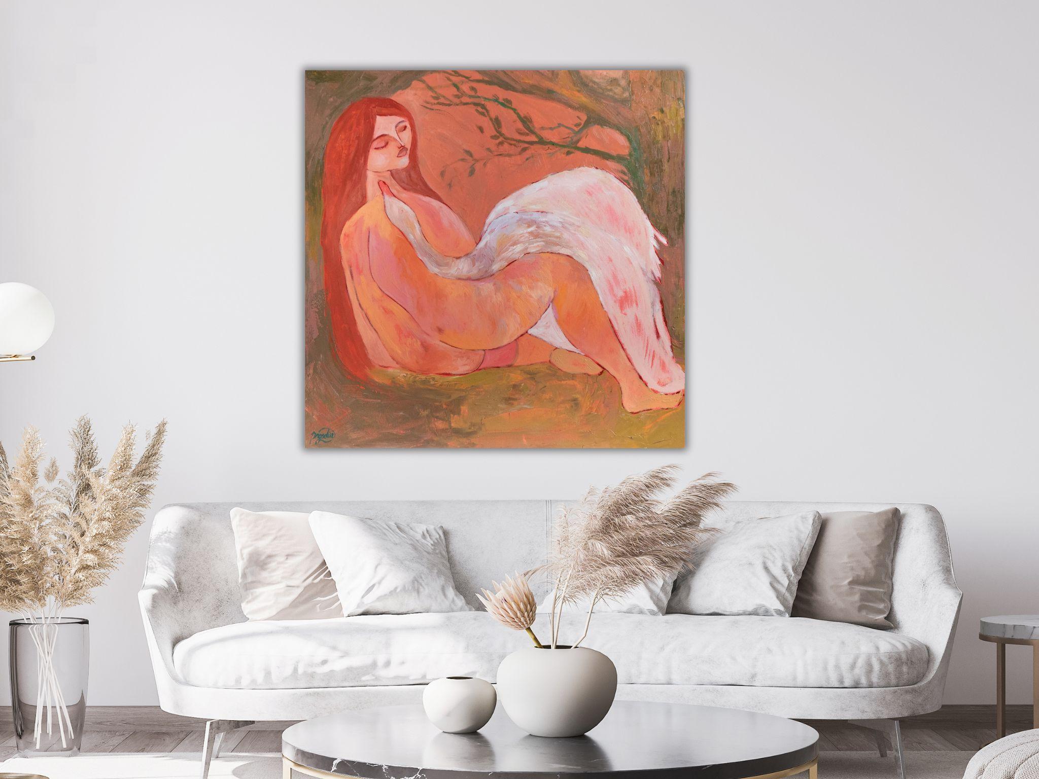 Leda and Swan. Inspired by Greek Mythology Symbolist Art Oil Painting 80x80cm - Orange Figurative Painting by Dasha Pogodina