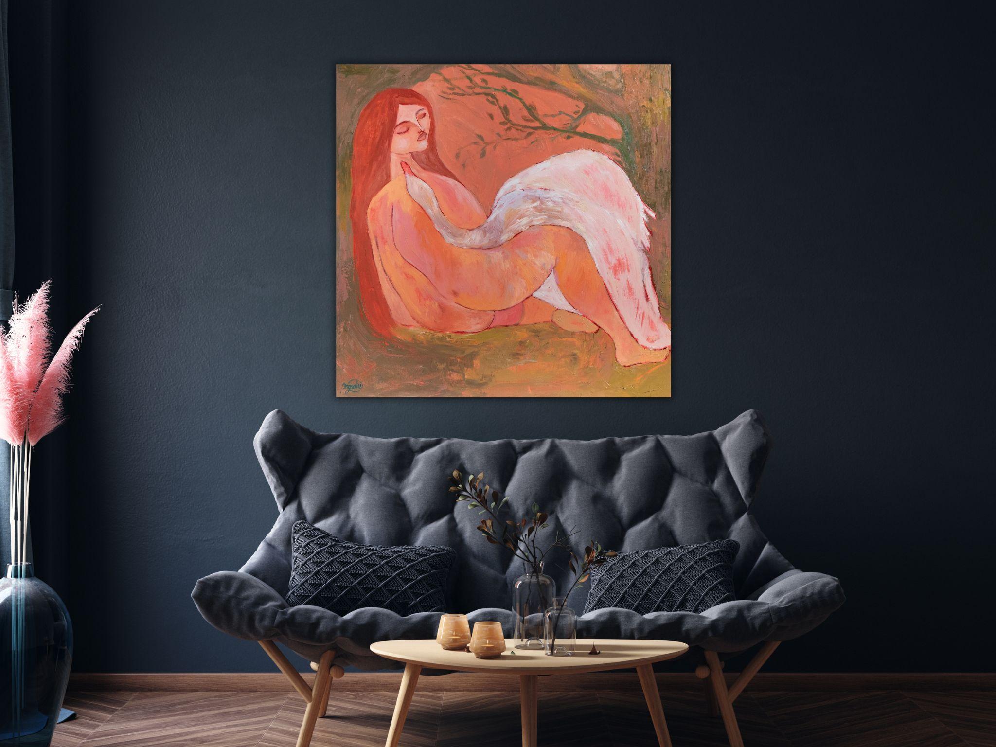 Leda and Swan. Inspired by Greek Mythology Symbolist Art Oil Painting 80x80cm For Sale 1