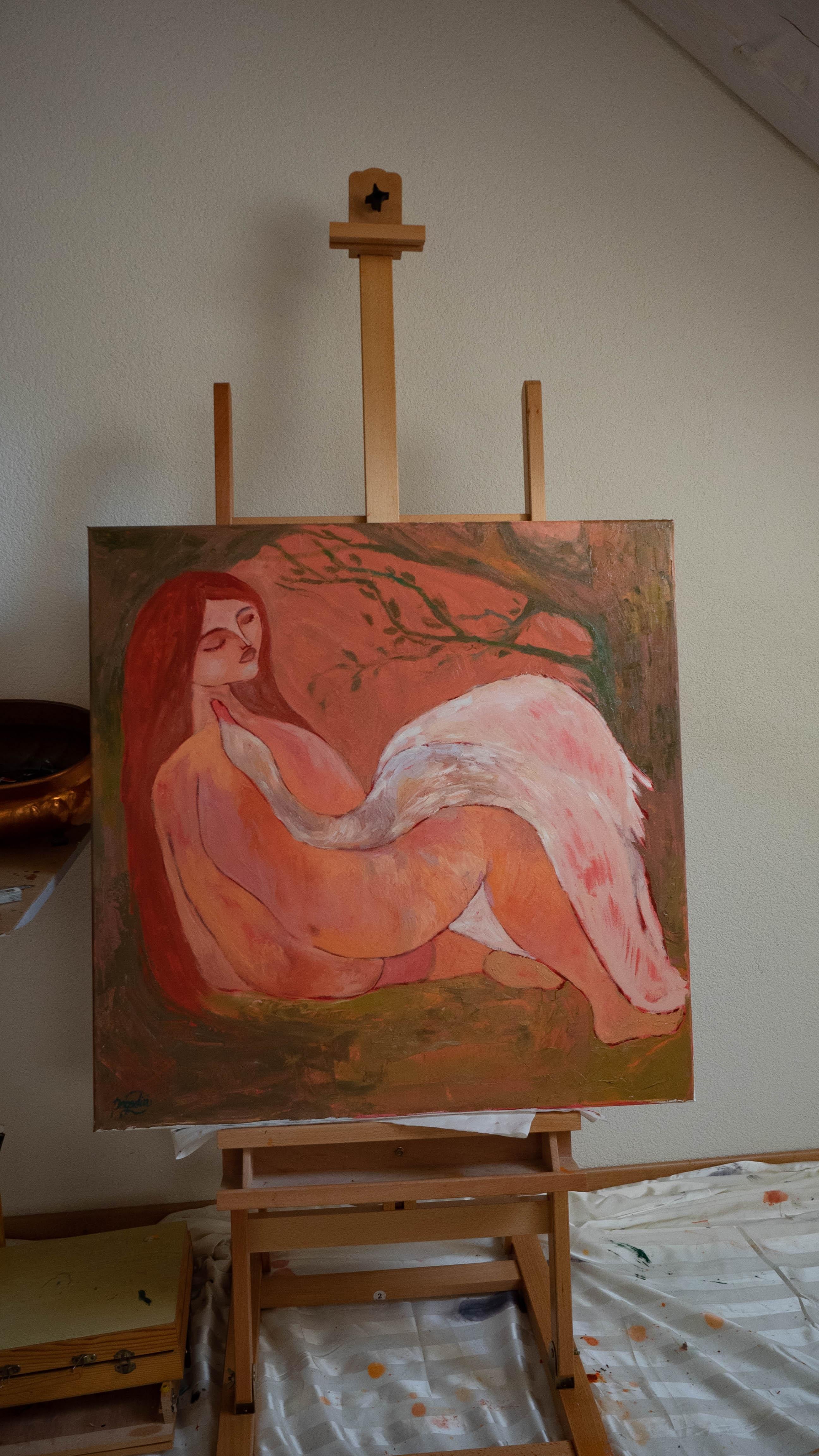 Leda and Swan. Inspired by Greek Mythology Symbolist Art Oil Painting 80x80cm For Sale 3