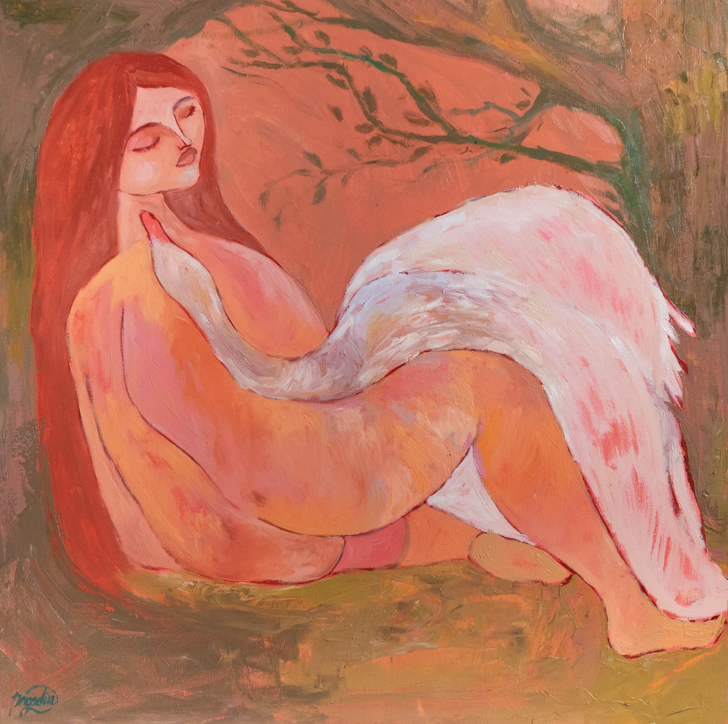 Dasha Pogodina Figurative Painting - Leda and Swan. Inspired by Greek Mythology Symbolist Art Oil Painting 80x80cm