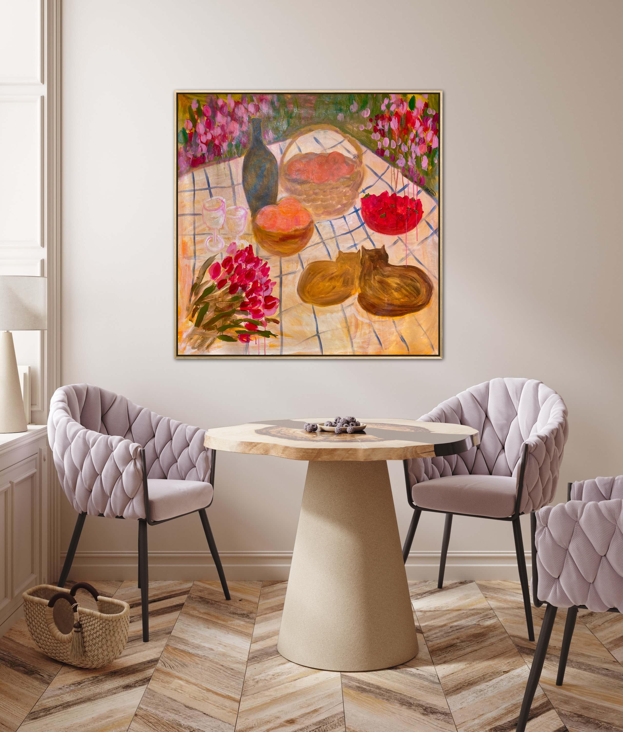 This painting will come to you stretched on a wooden stretcher and completely ready to be placed in the interior.

ABOUT THE ARTWORK
'Let's Eat, Honey' is a celebration of the shared moments that become the flavor of our lives. This painting is