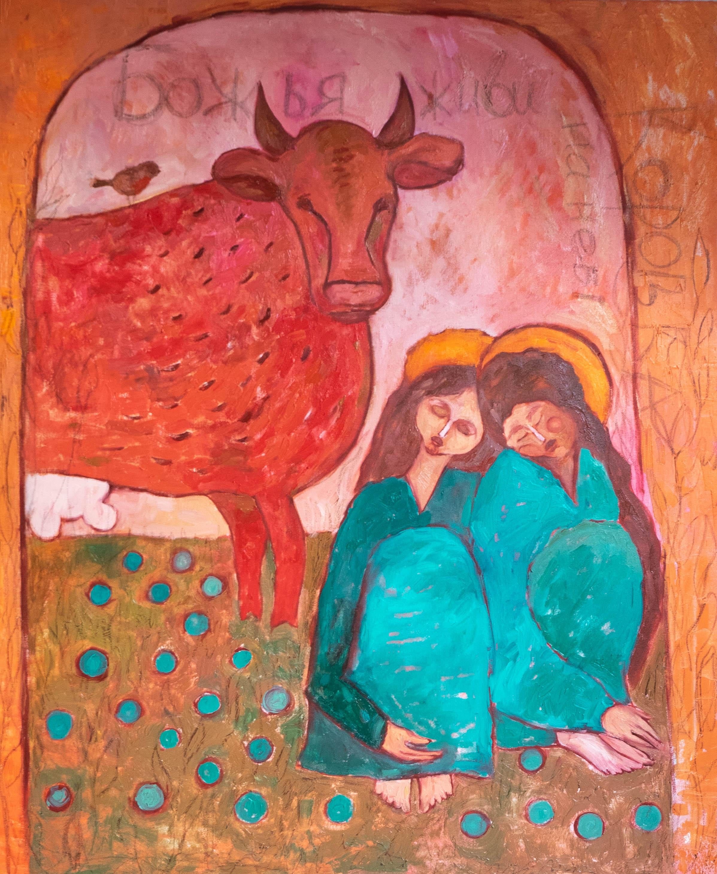 Dasha Pogodina Figurative Painting - Live in Heaven, Dear Cow. Contemporary Symbolism Oil Painting by Ukranian Artist