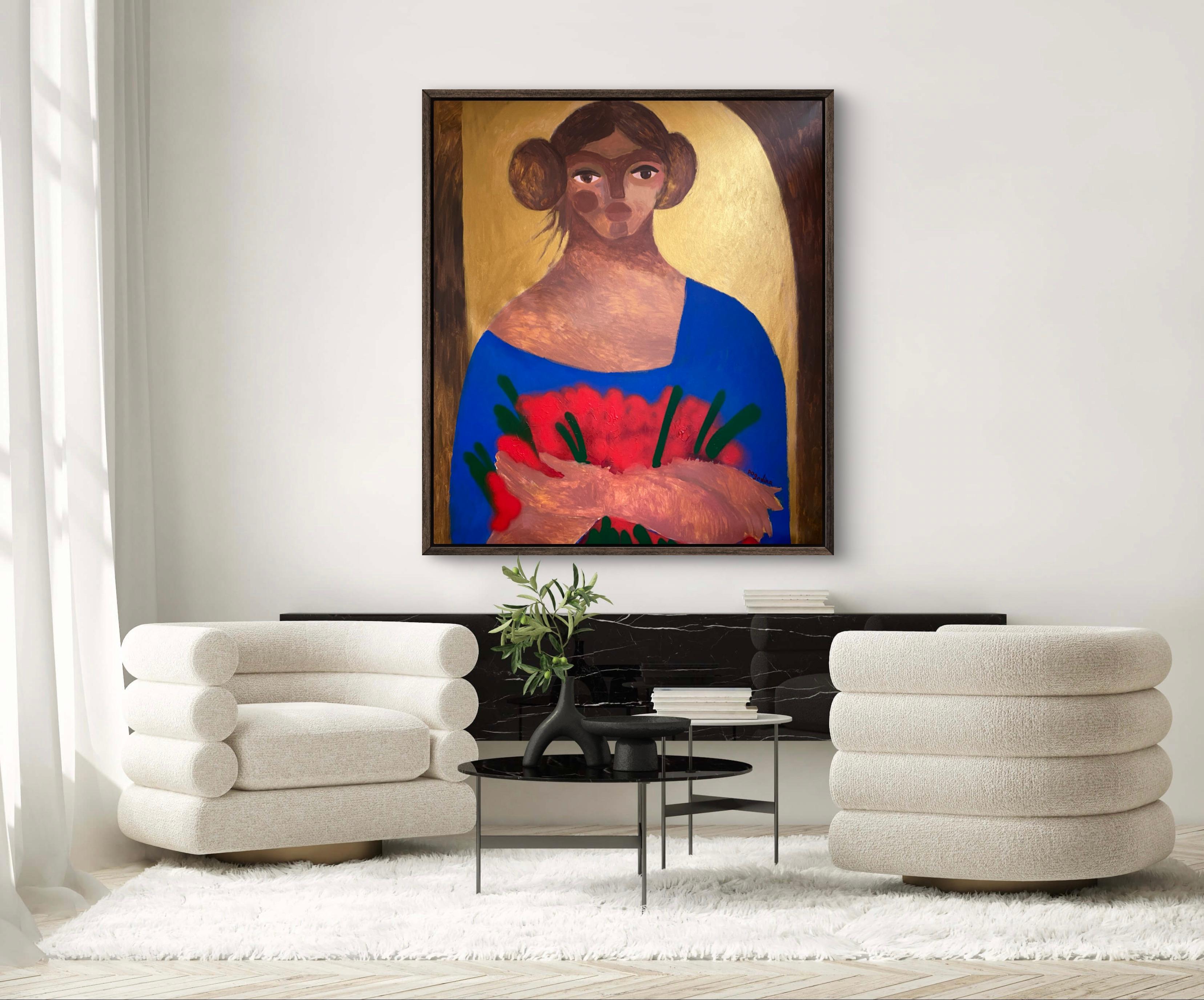 Madonna con rosas - Figurative Painting Marrón de Dasha Pogodina
