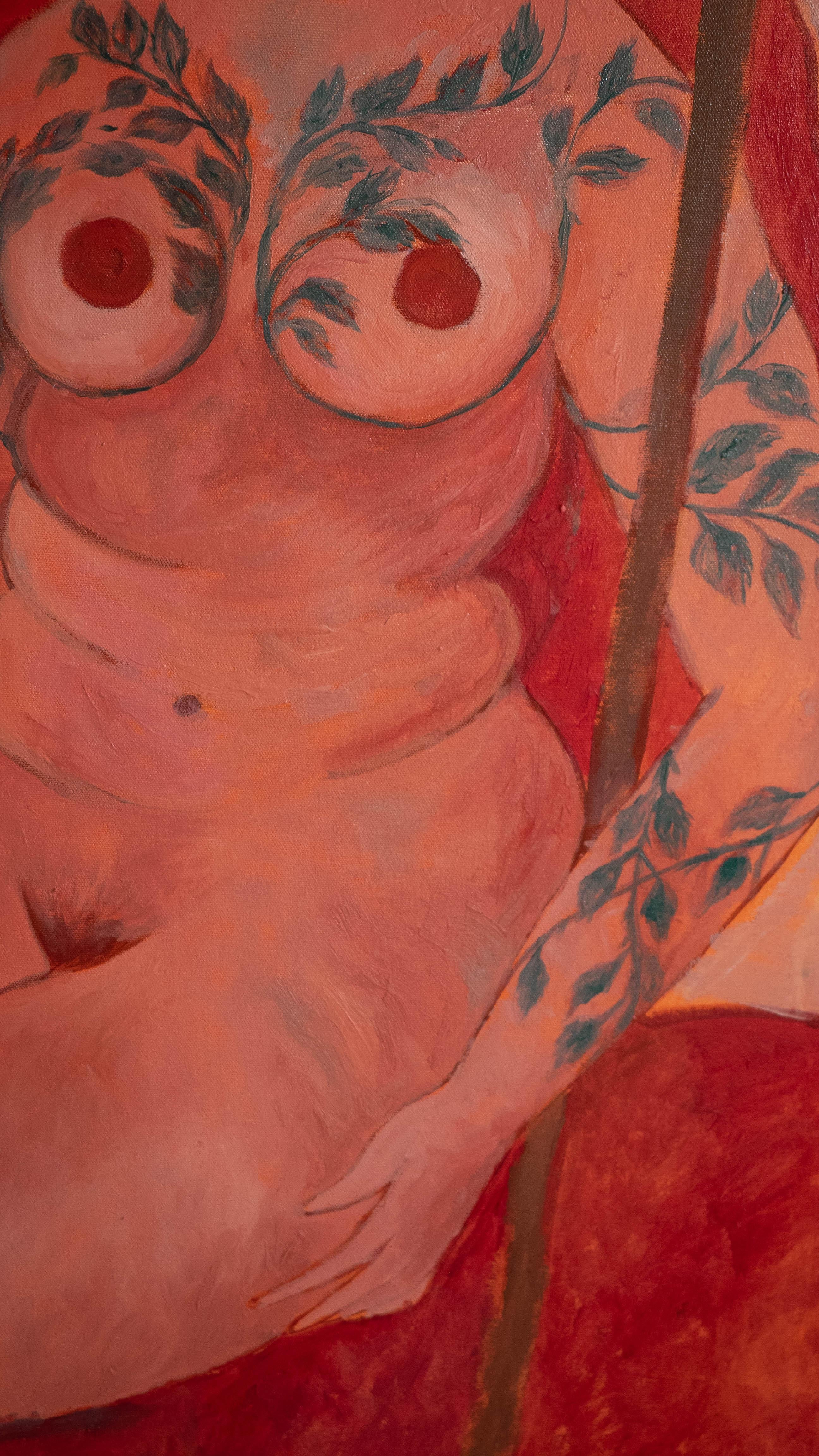 Mein Hauptfeind. Contemporary Figurative Oil Painting. Symbolik der Frauenpower. Rot im Angebot 8
