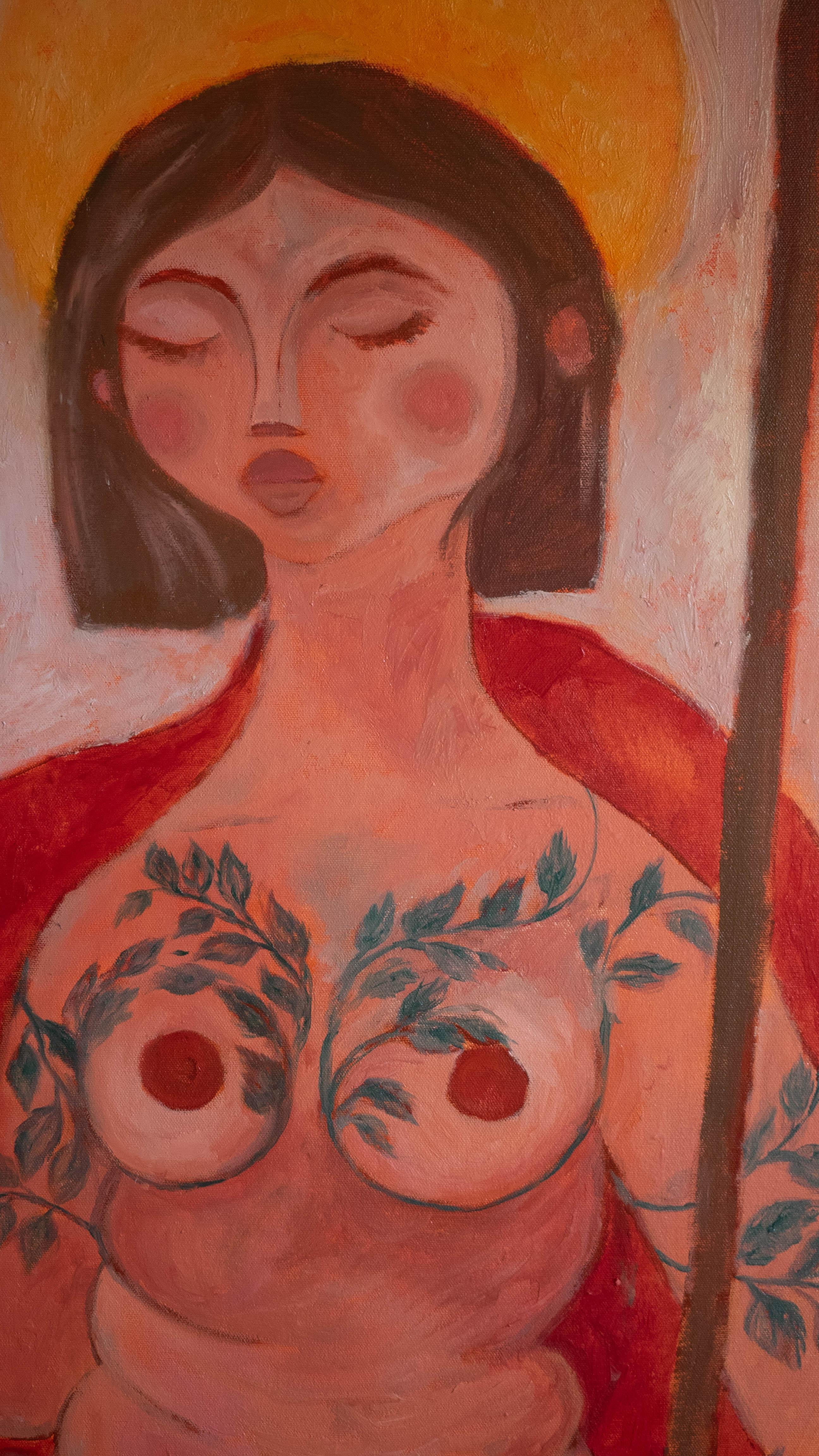 Mein Hauptfeind. Contemporary Figurative Oil Painting. Symbolik der Frauenpower. Rot im Angebot 9