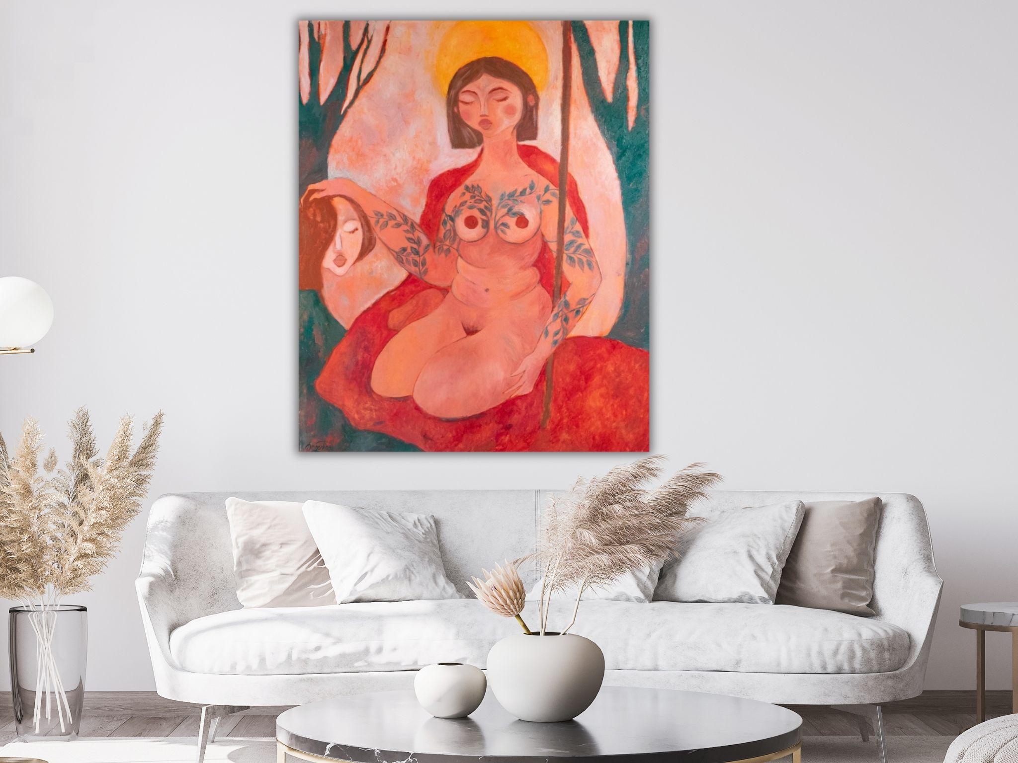 Mon principal ennemi. Peinture à l'huile figurative contemporaine. Symbolisme du pouvoir de la femme. Rouge en vente 12