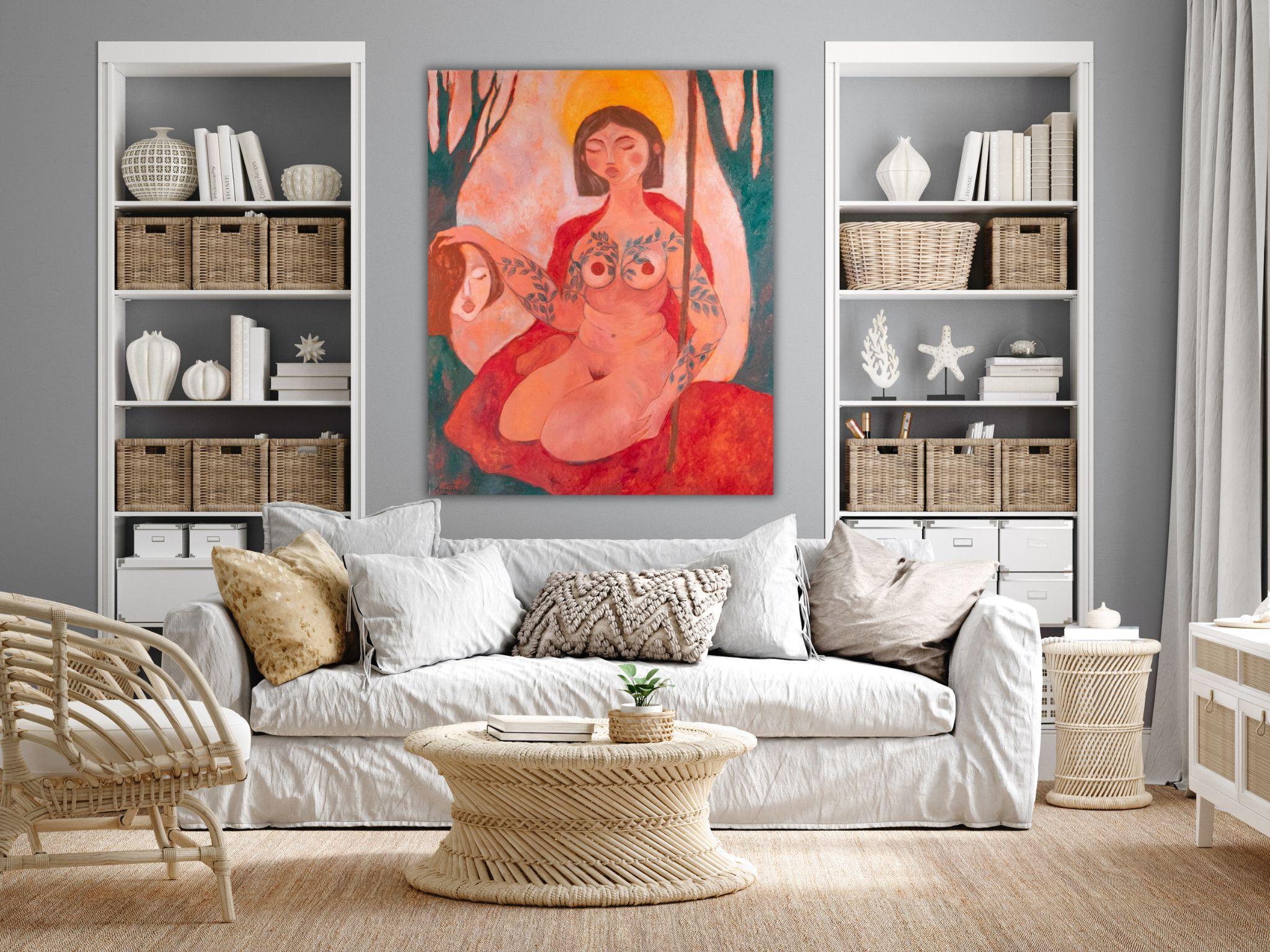 Mon principal ennemi. Peinture à l'huile figurative contemporaine. Symbolisme du pouvoir de la femme. Rouge - Painting de Dasha Pogodina