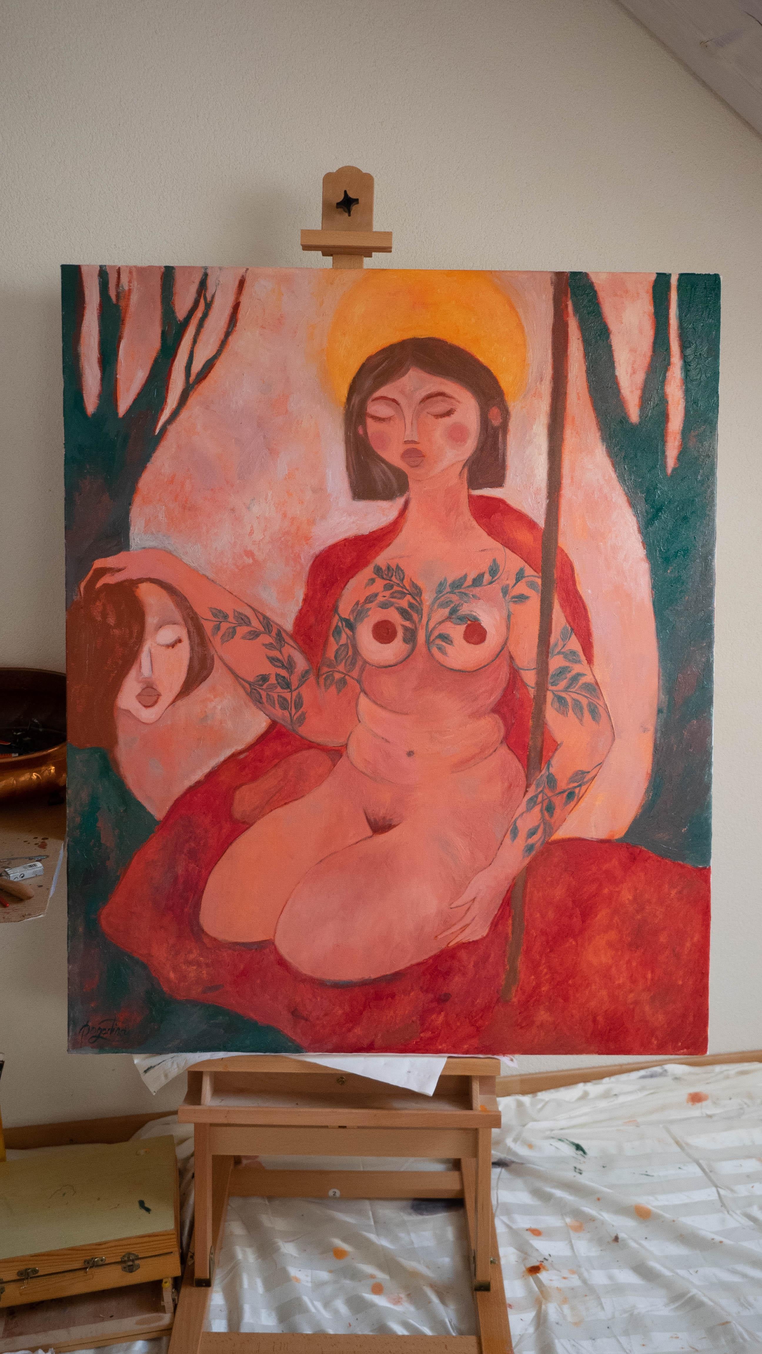 Mein Hauptfeind. Contemporary Figurative Oil Painting. Symbolik der Frauenpower. Rot im Angebot 2
