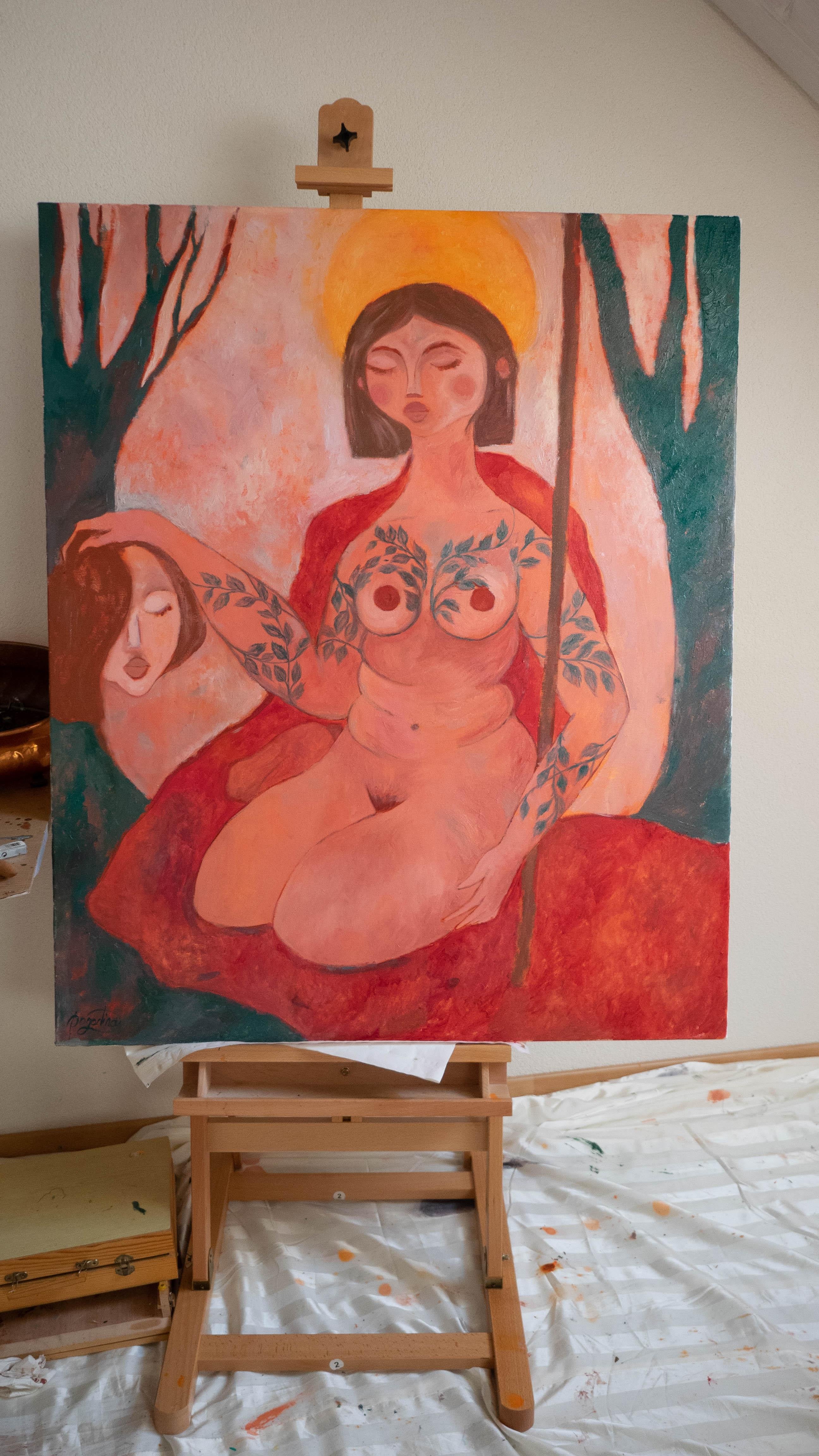 Mein Hauptfeind. Contemporary Figurative Oil Painting. Symbolik der Frauenpower. Rot im Angebot 3