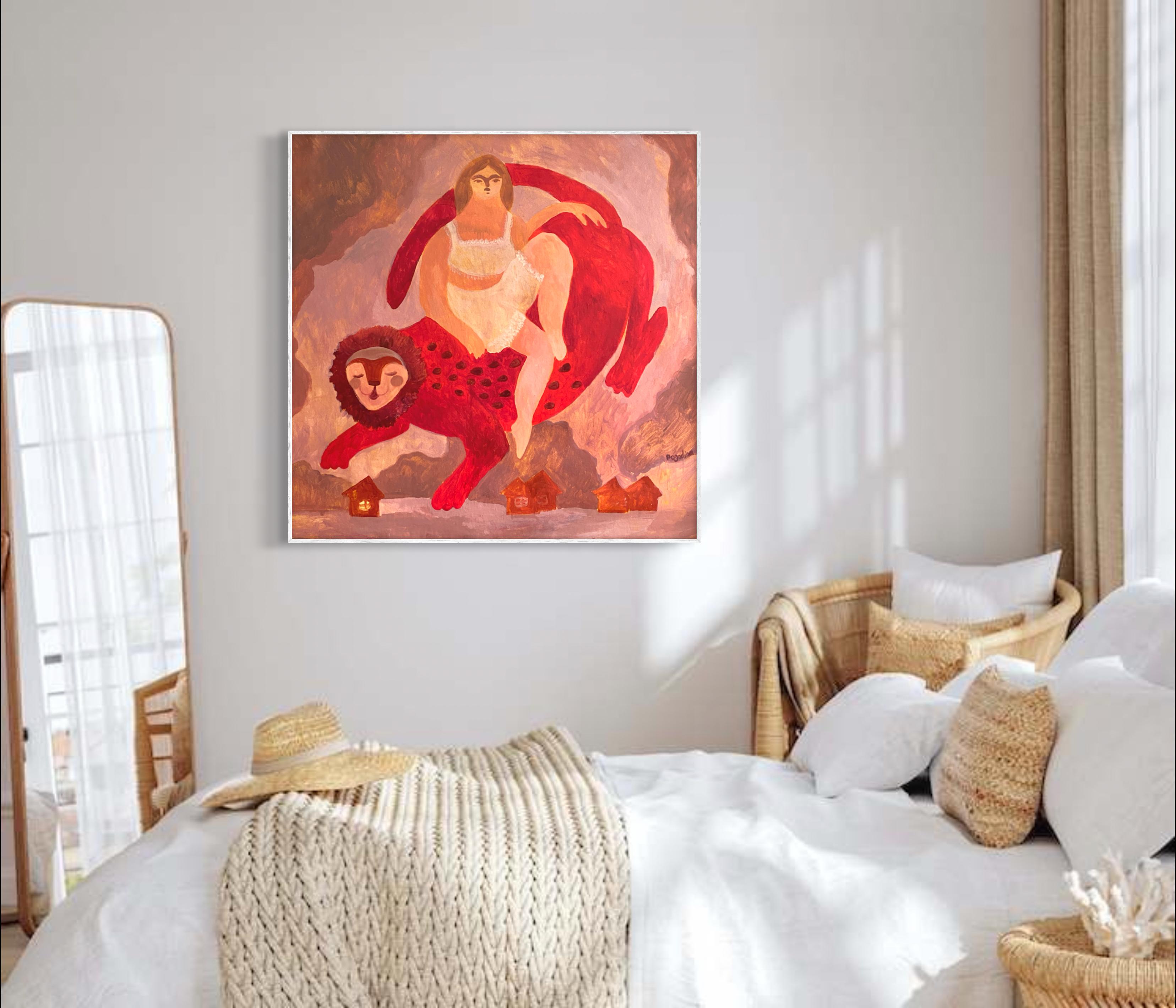 Night Flight with Pets - Orange Figurative Painting by Dasha Pogodina