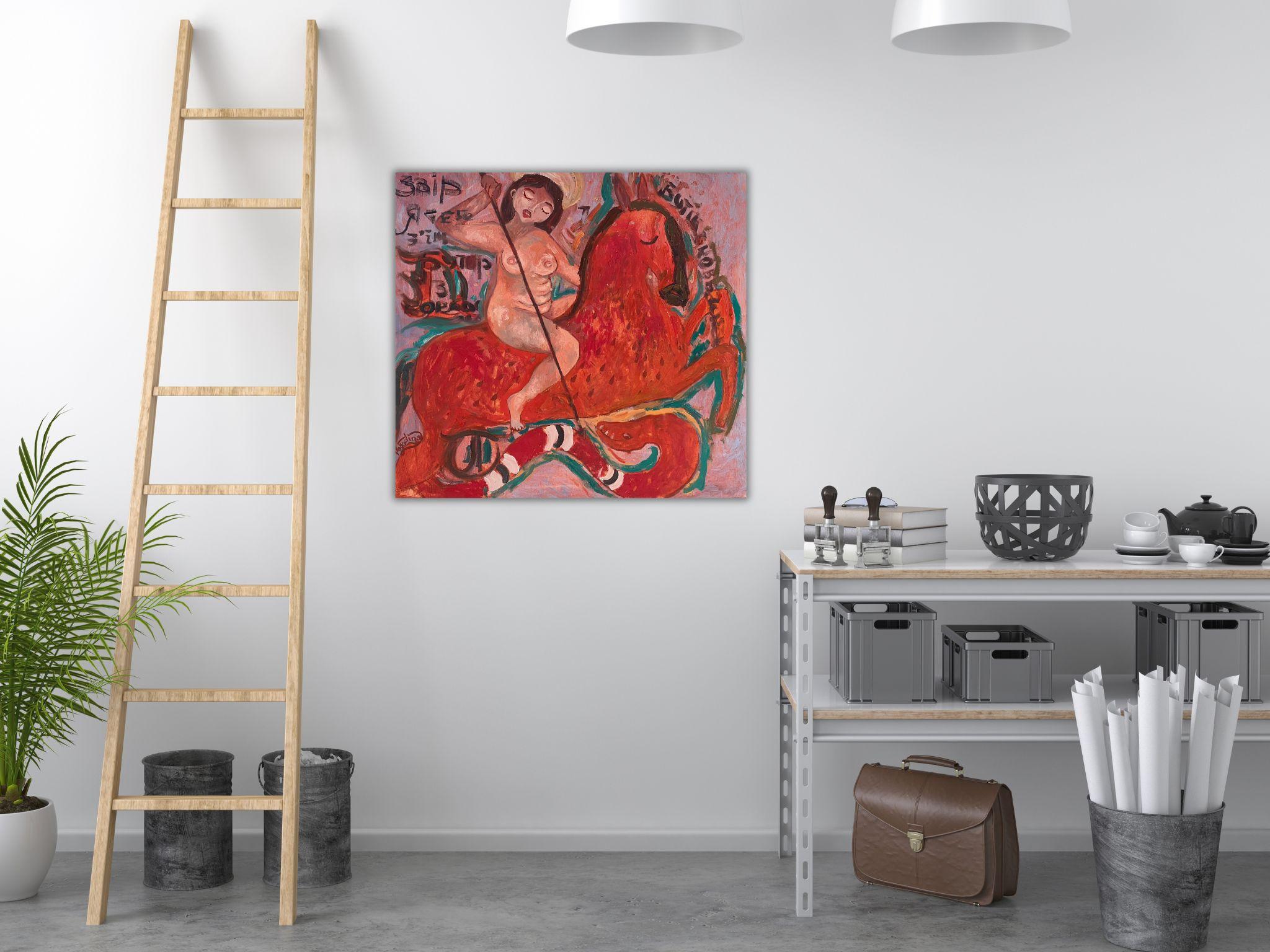Femme nue naïve, toile, huile, art moderne, WARRIOR - 28 x 32 pouces (80*75) cm en vente 9