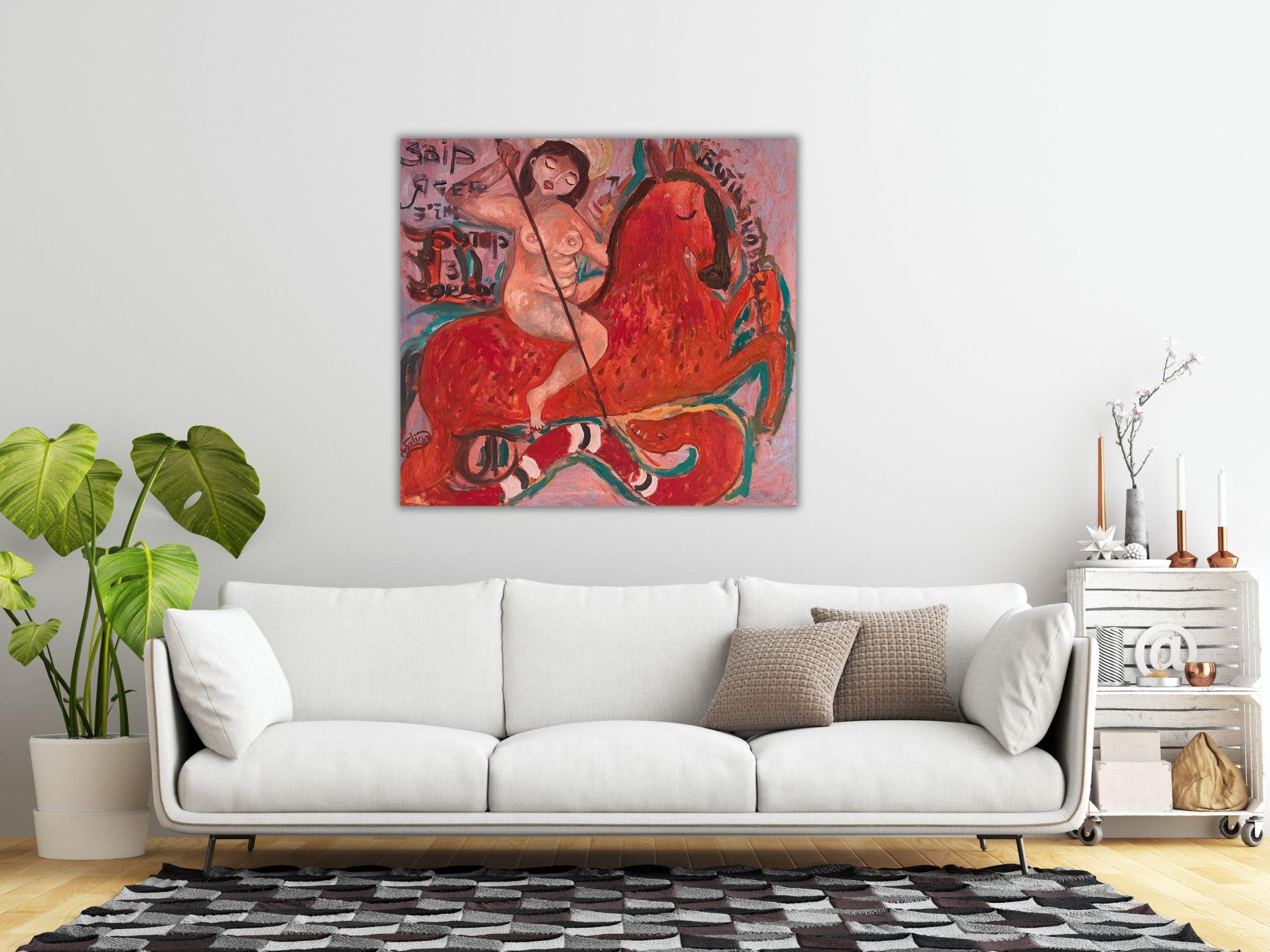 Femme nue naïve, toile, huile, art moderne, WARRIOR - 28 x 32 pouces (80*75) cm en vente 10