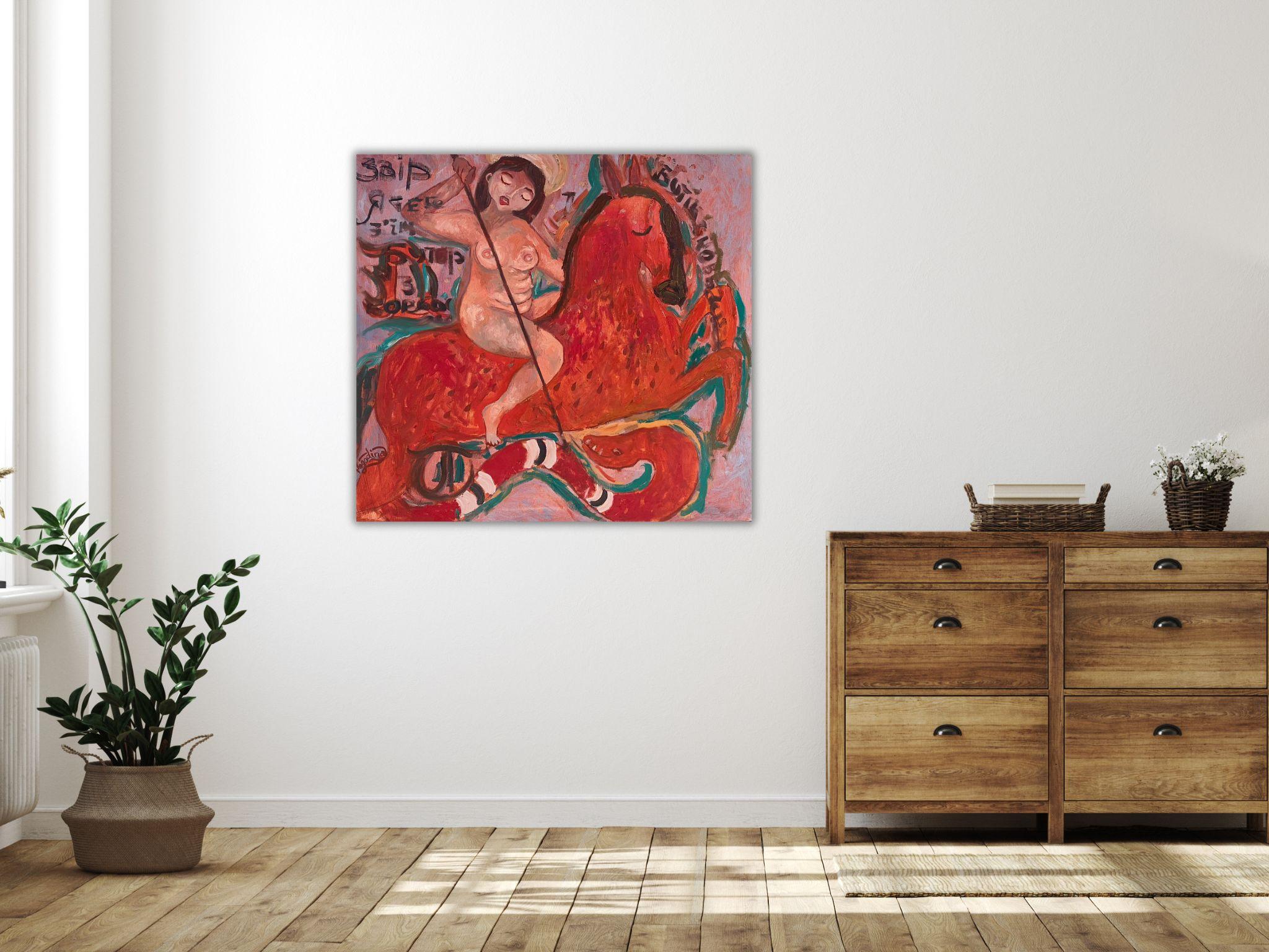 Femme nue naïve, toile, huile, art moderne, WARRIOR - 28 x 32 pouces (80*75) cm en vente 11