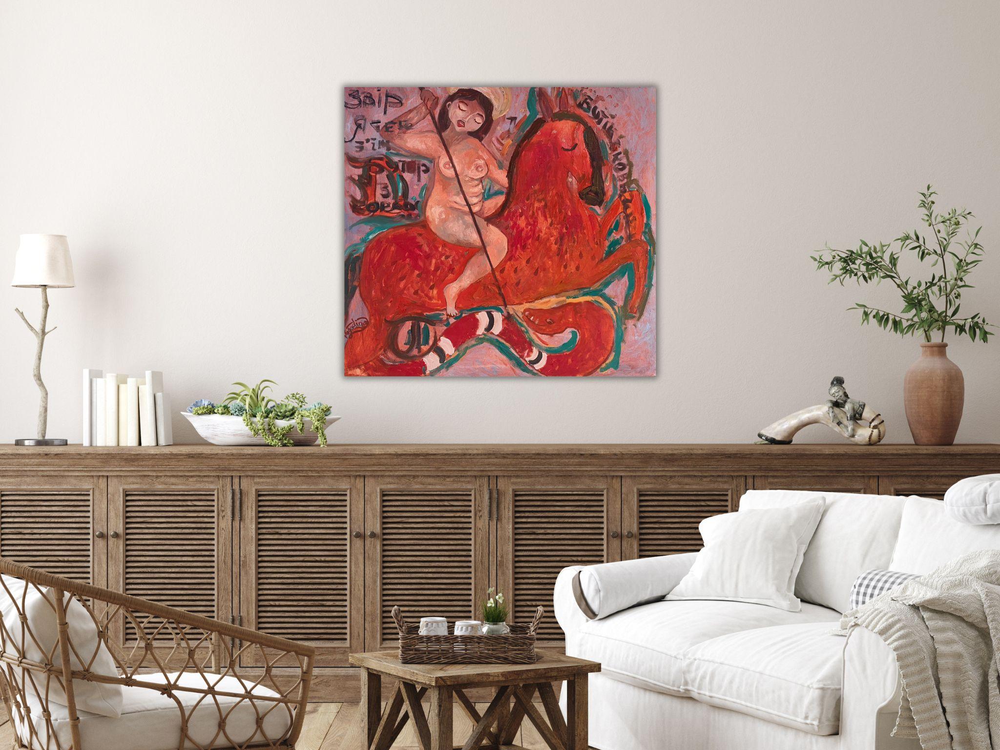 Femme nue naïve, toile, huile, art moderne, WARRIOR - 28 x 32 pouces (80*75) cm en vente 13