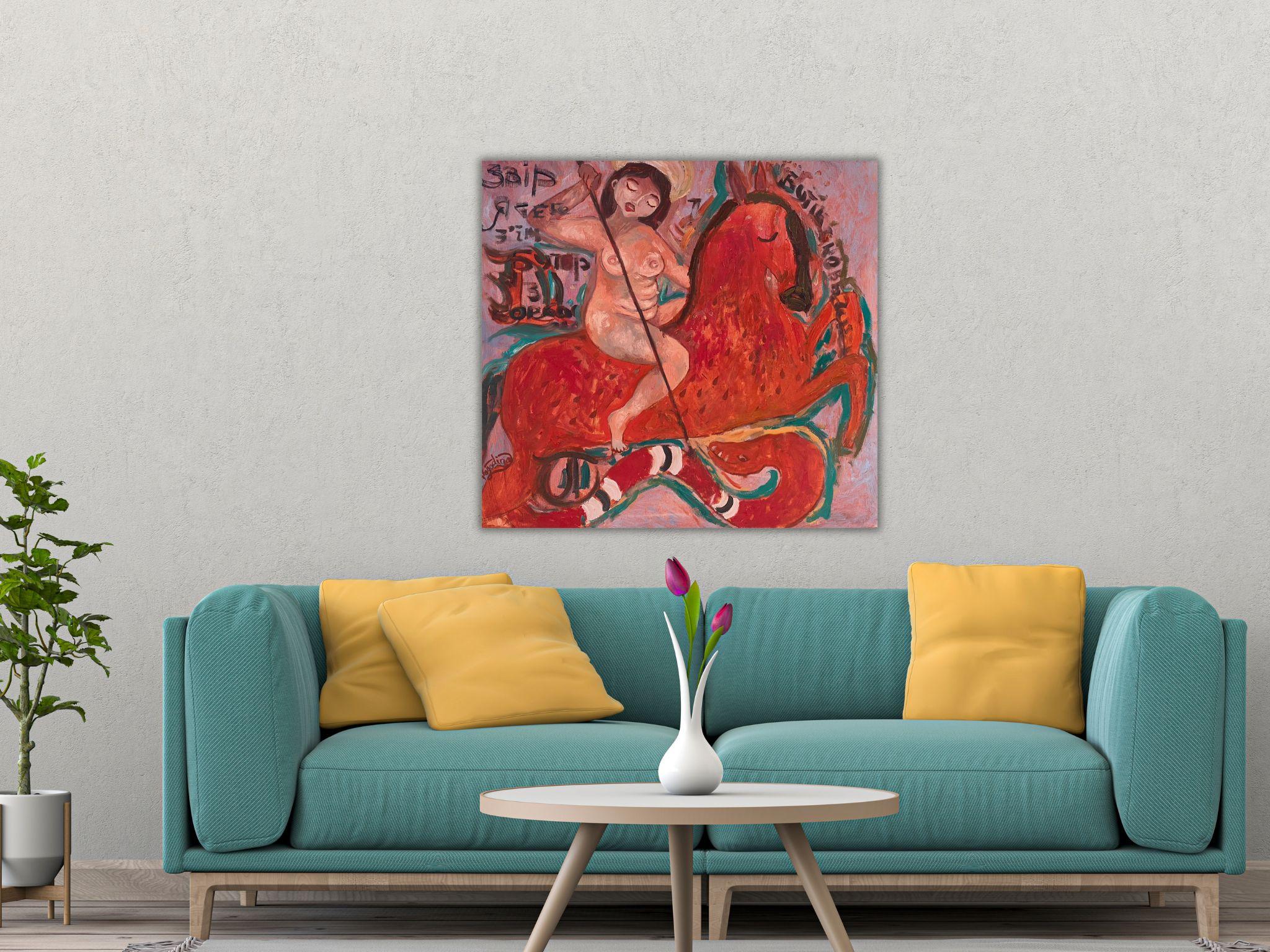 Femme nue naïve, toile, huile, art moderne, WARRIOR - 28 x 32 pouces (80*75) cm en vente 15