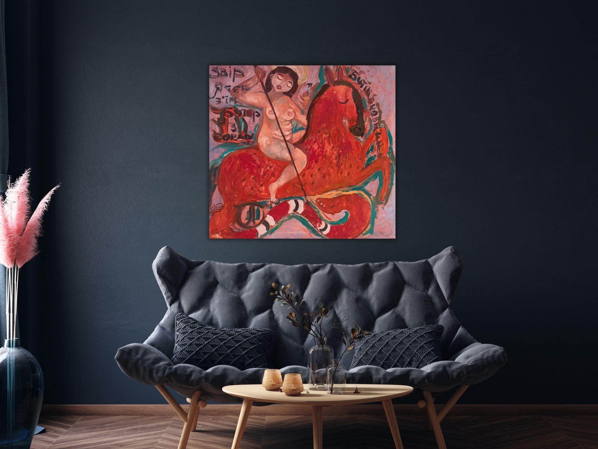 Femme nue naïve, toile, huile, art moderne, WARRIOR - 28 x 32 pouces (80*75) cm - Painting de Dasha Pogodina