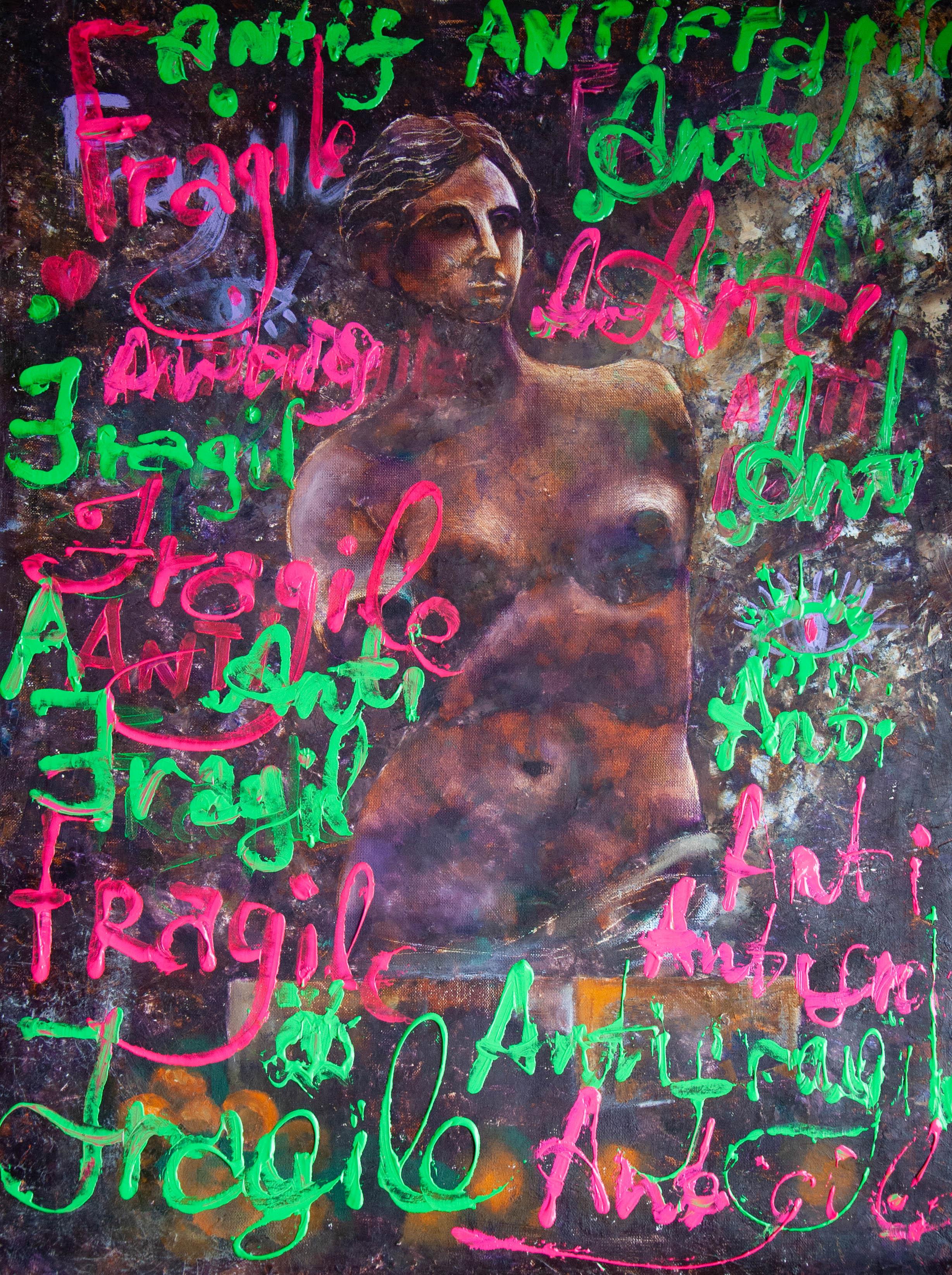 Dasha Pogodina Nude Painting - Pop Art Painting, Modern Mixed Media Artwork - ANTIFRAGILE - 24x32in (80*60cm)