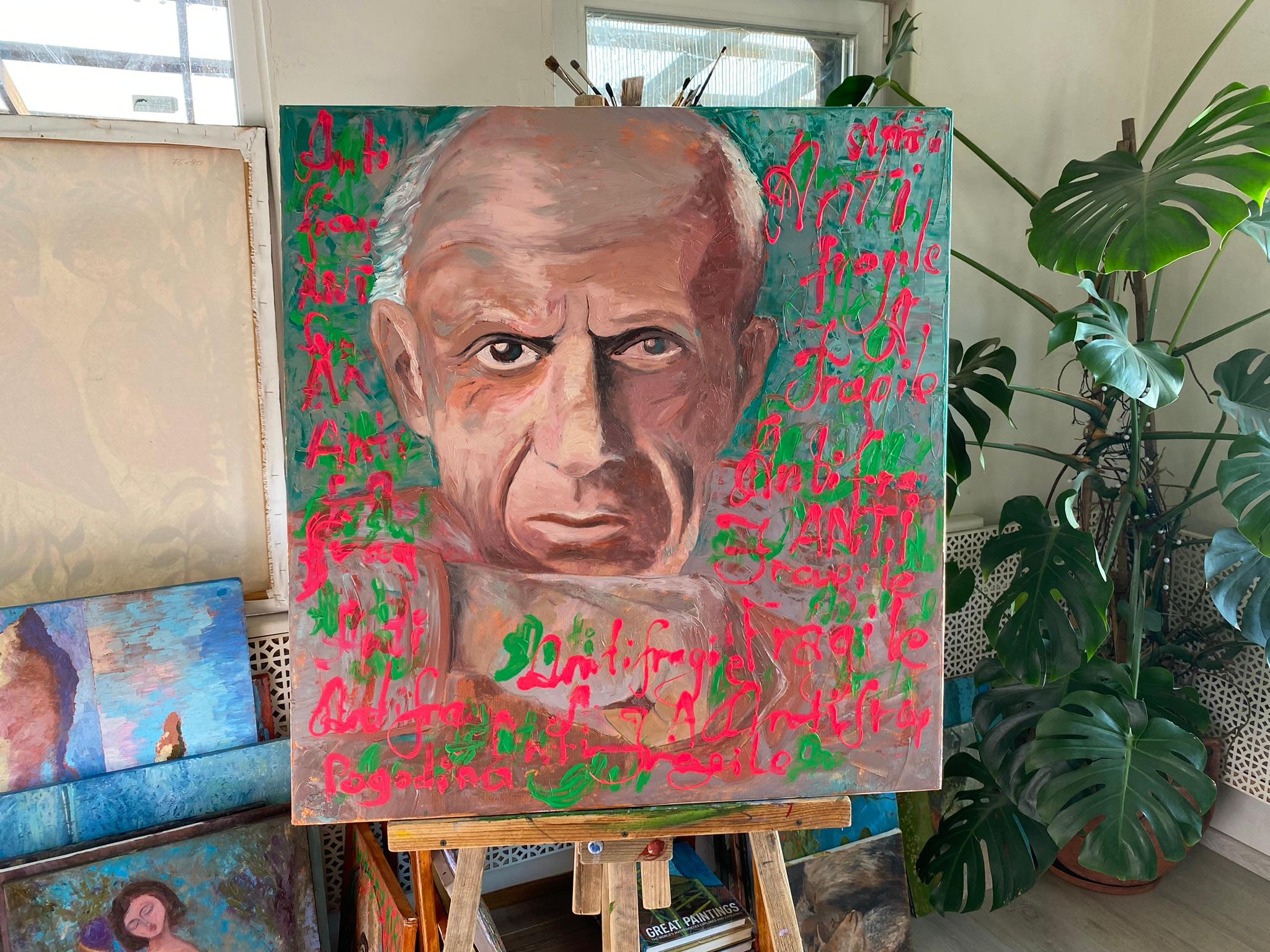 Pop Art Painting, Pablo Picasso Portrait - ANTIFRAGILE - 34x36in (90*85cm) For Sale 4