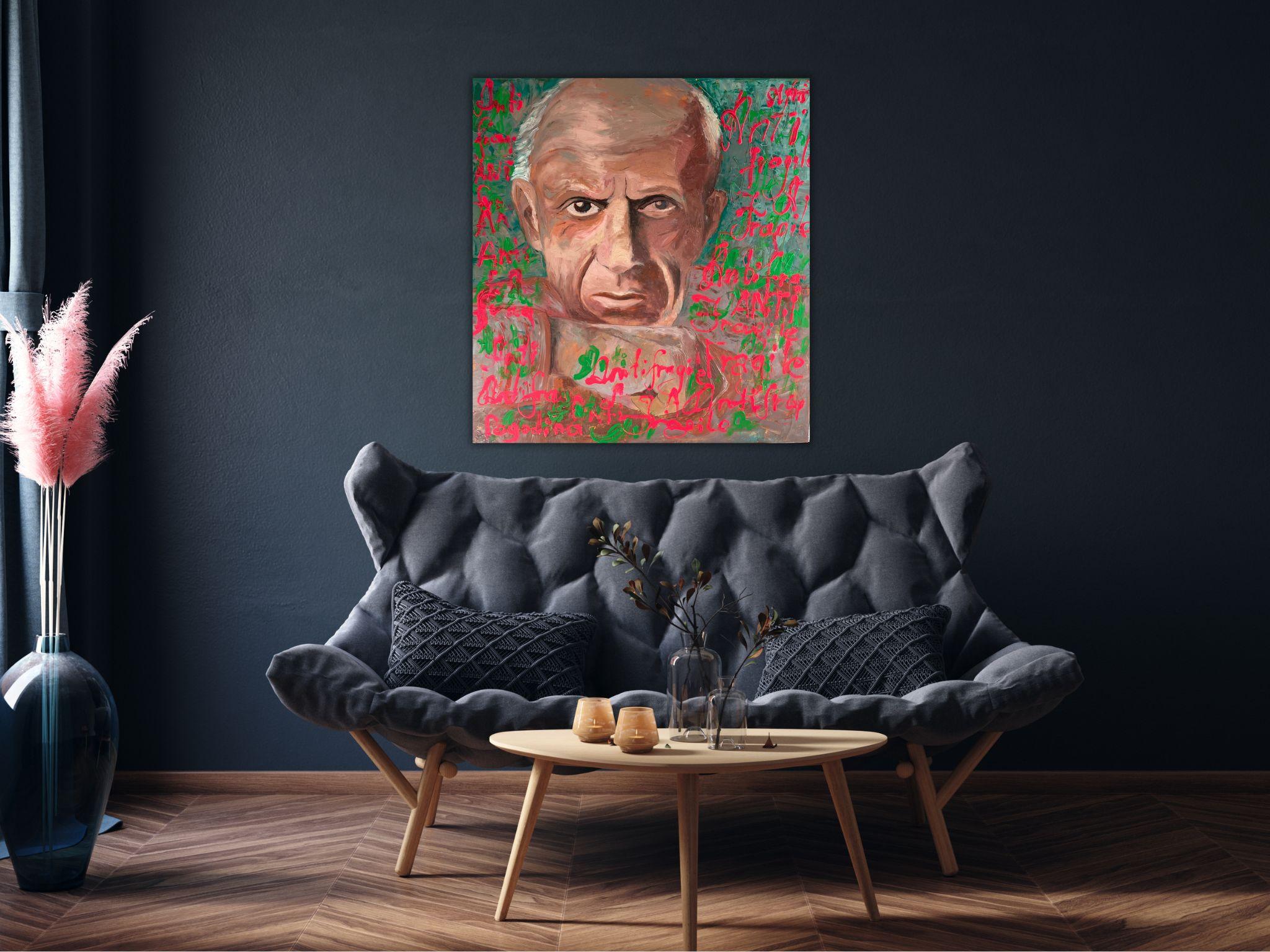 Pop-Art-Gemälde, Pablo Picasso-Porträt - ANTIFRAGILE - 34x36in (90*85cm) im Angebot 2