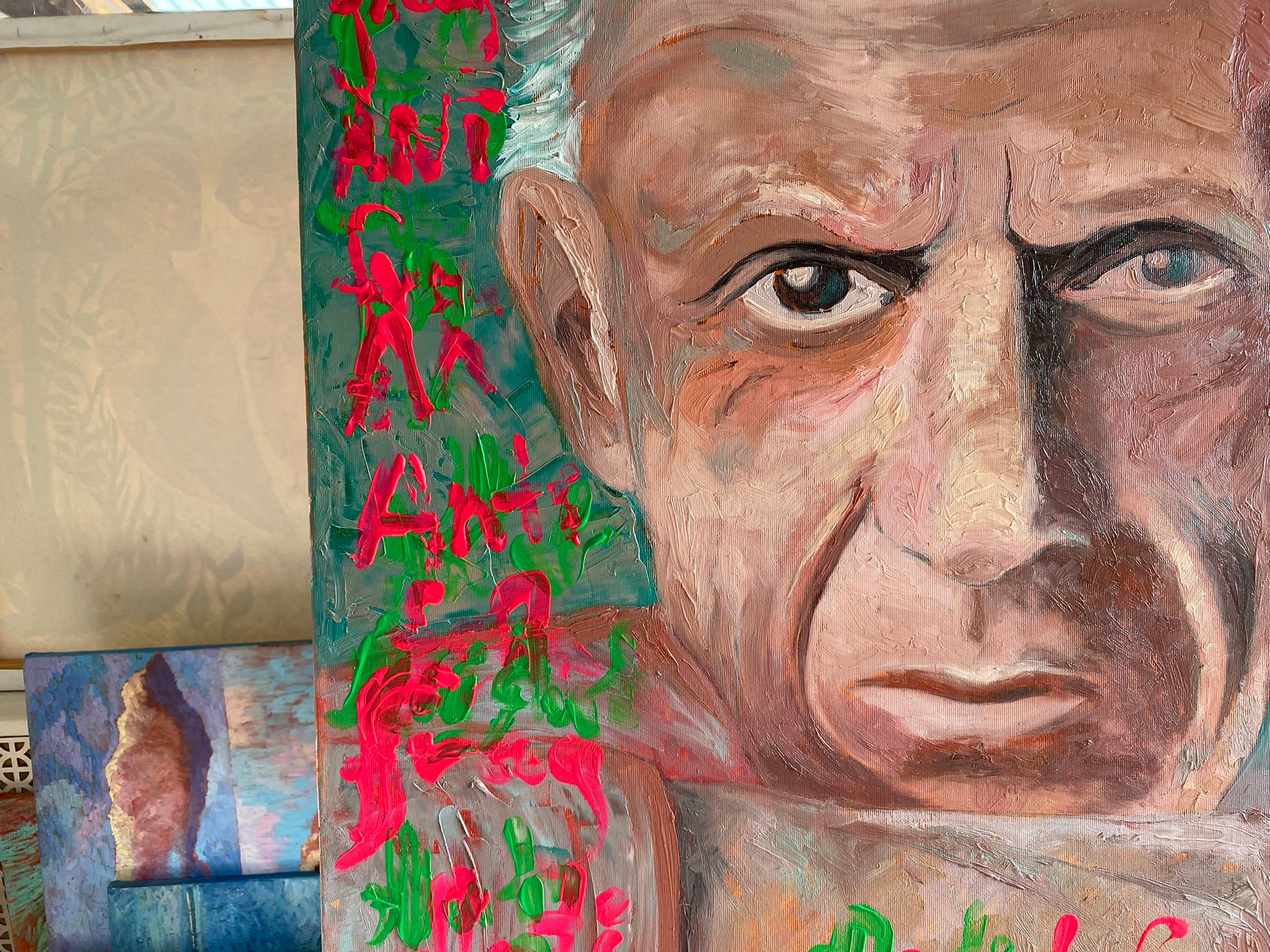 Pop-Art-Gemälde, Pablo Picasso-Porträt - ANTIFRAGILE - 34x36in (90*85cm) – Painting von Dasha Pogodina