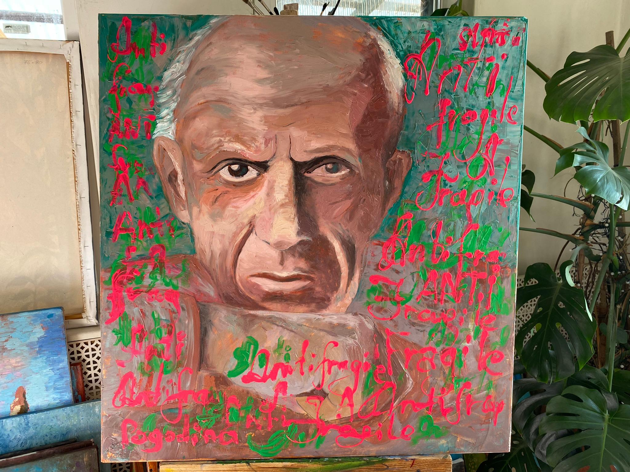 Pop-Art-Gemälde, Pablo Picasso-Porträt - ANTIFRAGILE - 34x36in (90*85cm) im Angebot 5