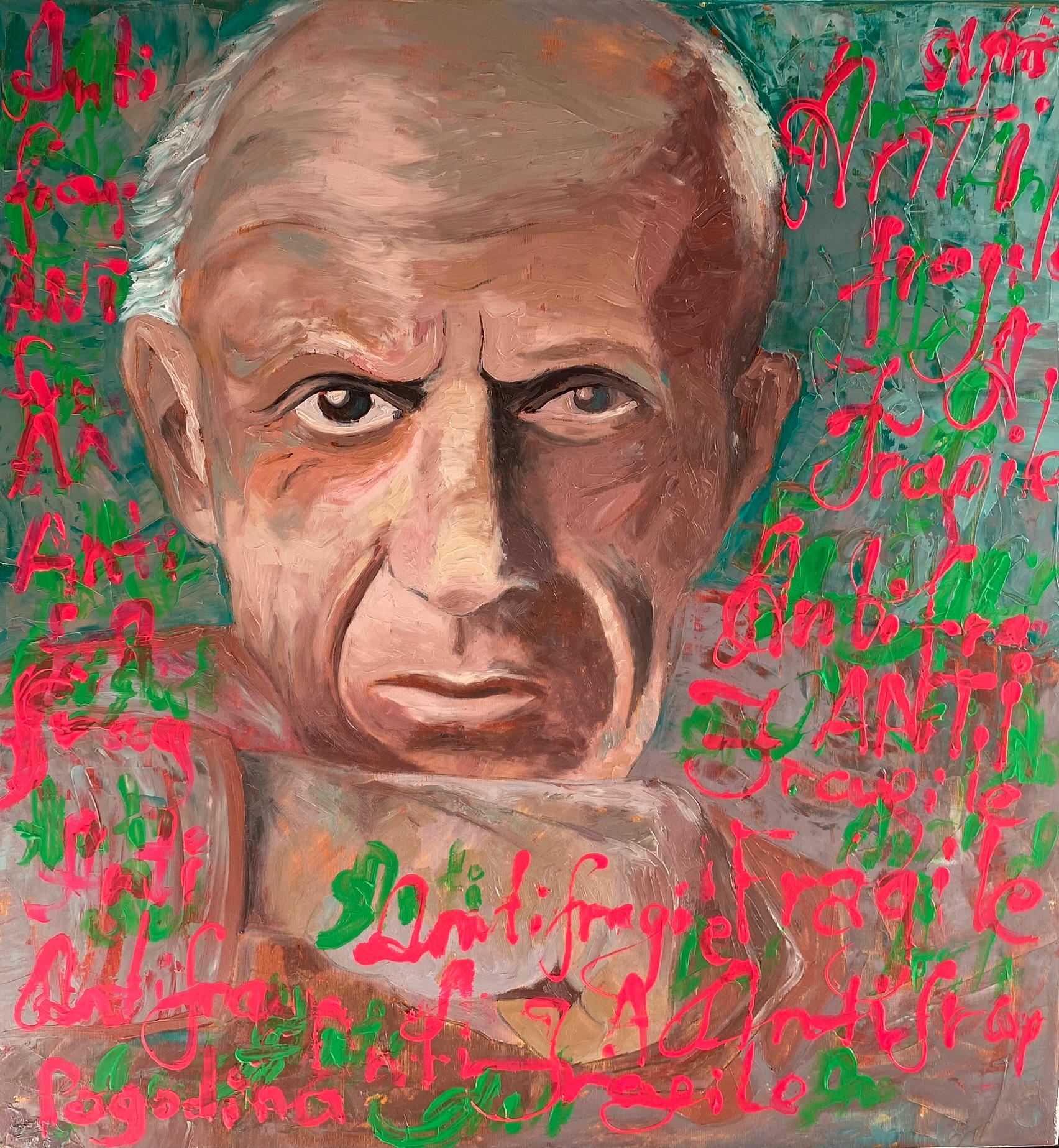 Dasha Pogodina Interior Painting - Pop Art Painting, Pablo Picasso Portrait - ANTIFRAGILE - 34x36in (90*85cm)