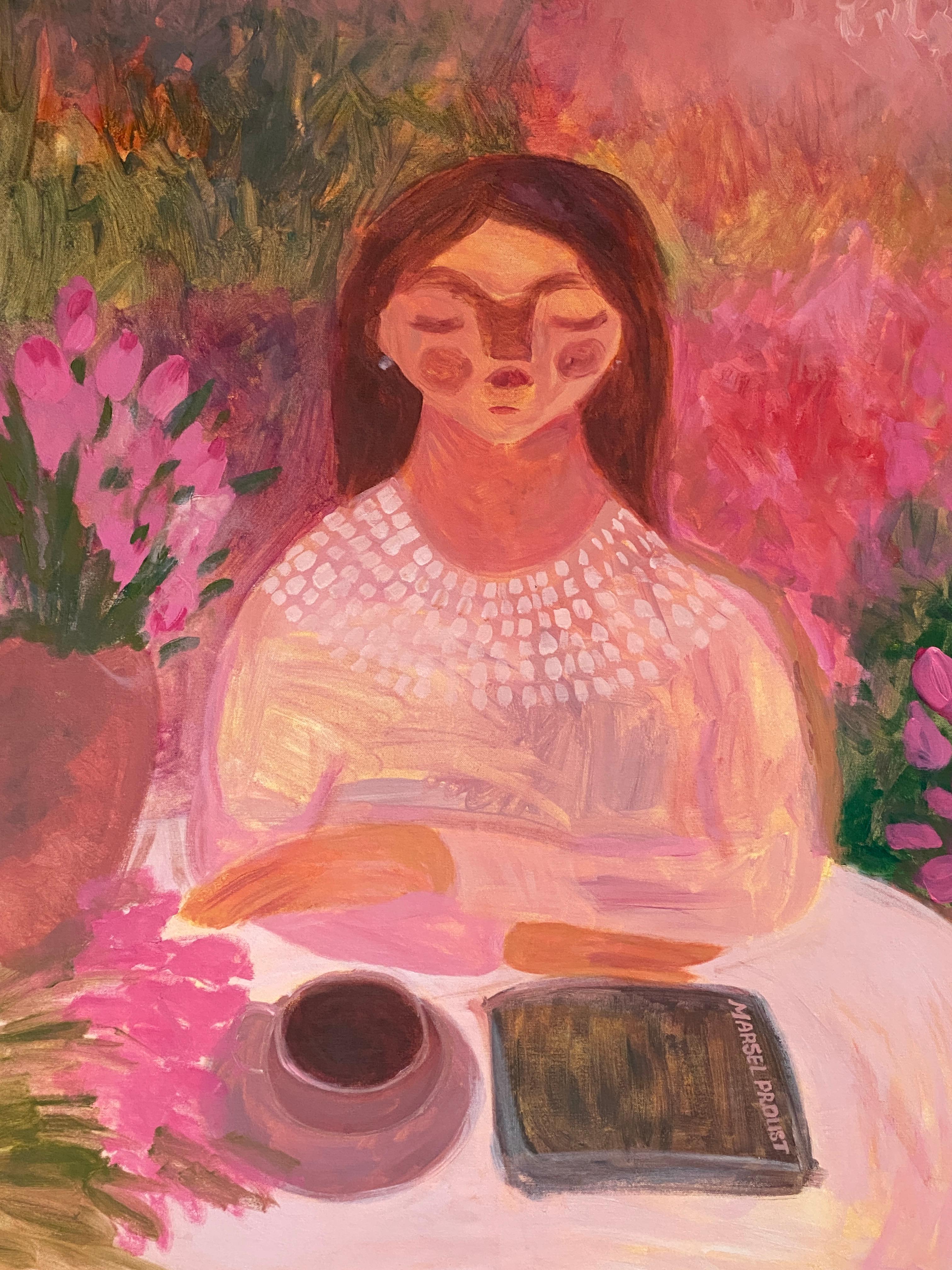 Reading in the garden - Painting by Dasha Pogodina