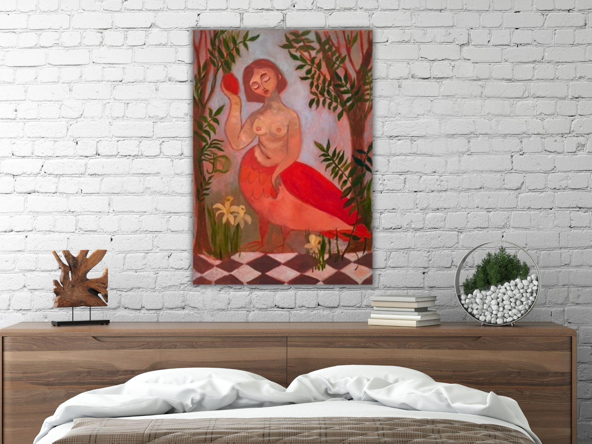 Sirens Art Modern Woman Nude, Bird Woman, canvas, oil  - Garden guards  - Impressionist Painting by Dasha Pogodina