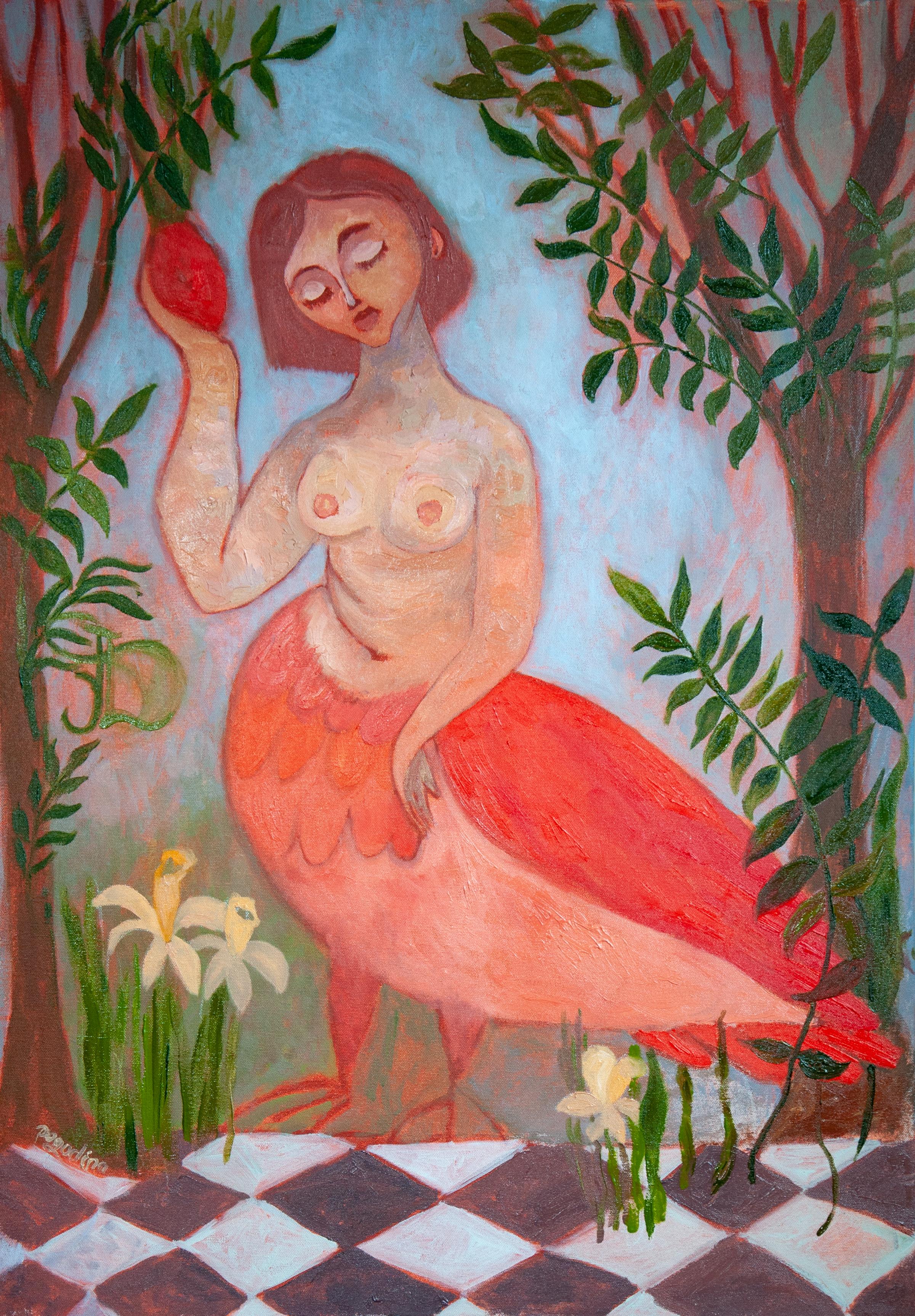 Dasha Pogodina Figurative Painting - Sirens Art Modern Woman Nude, Bird Woman, canvas, oil  - Garden guards 