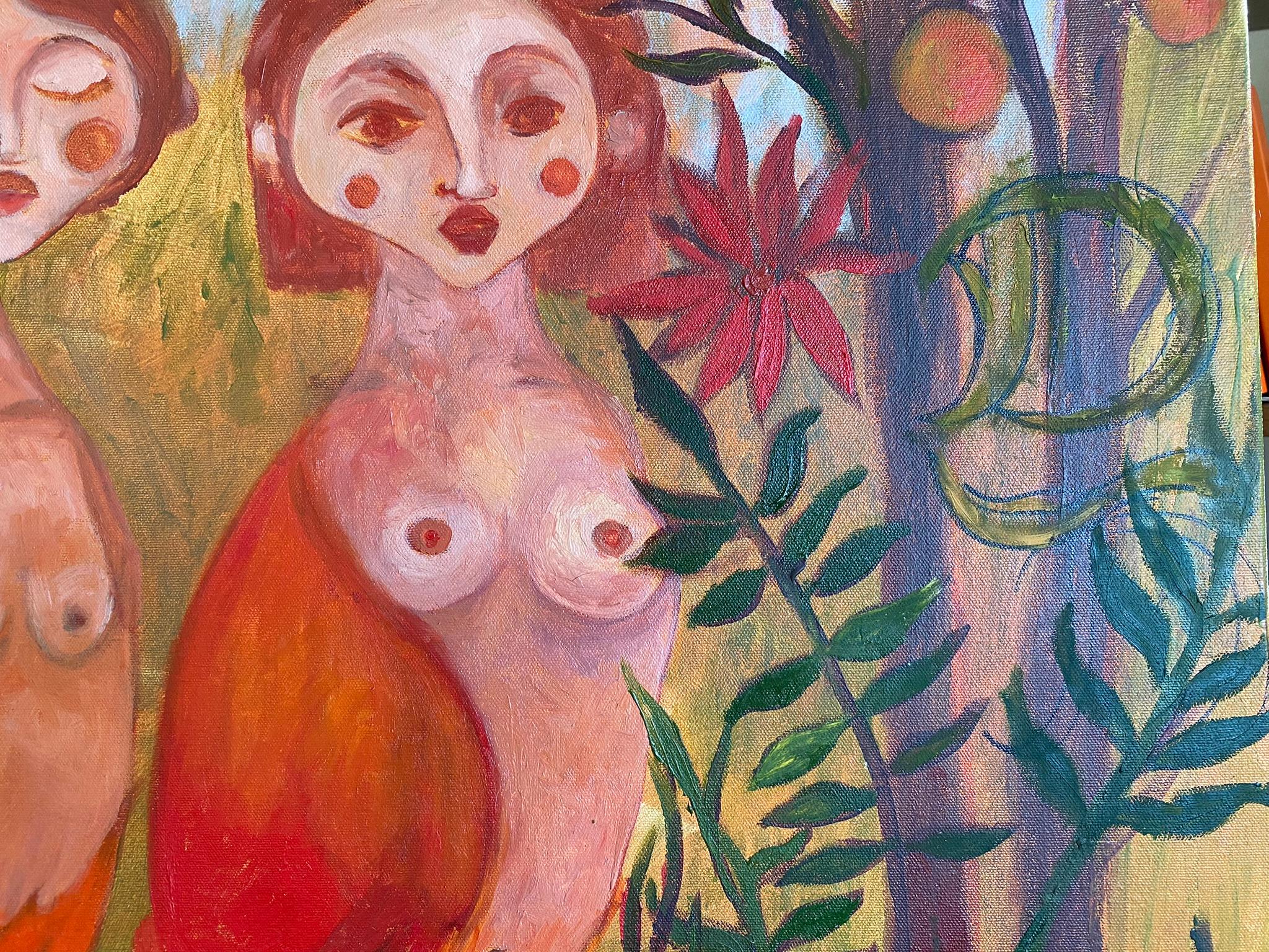 Sirens Art Modern Woman Nude, Bird Woman, canvas, oil  - Garden guards 90x75 cm For Sale 5