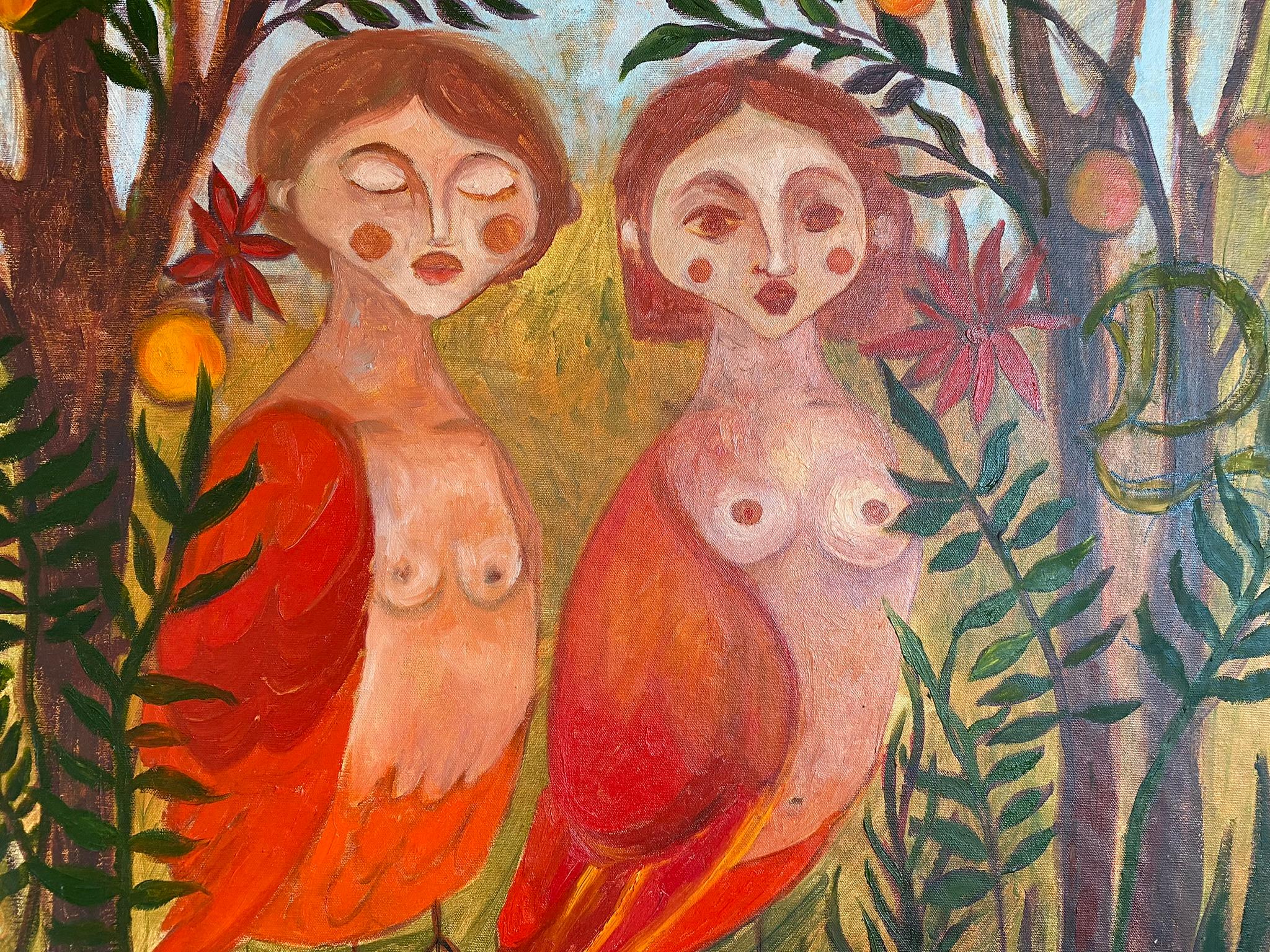 Sirens Art Modern Woman Nude, Bird Woman, canvas, oil  - Garden guards 90x75 cm For Sale 8