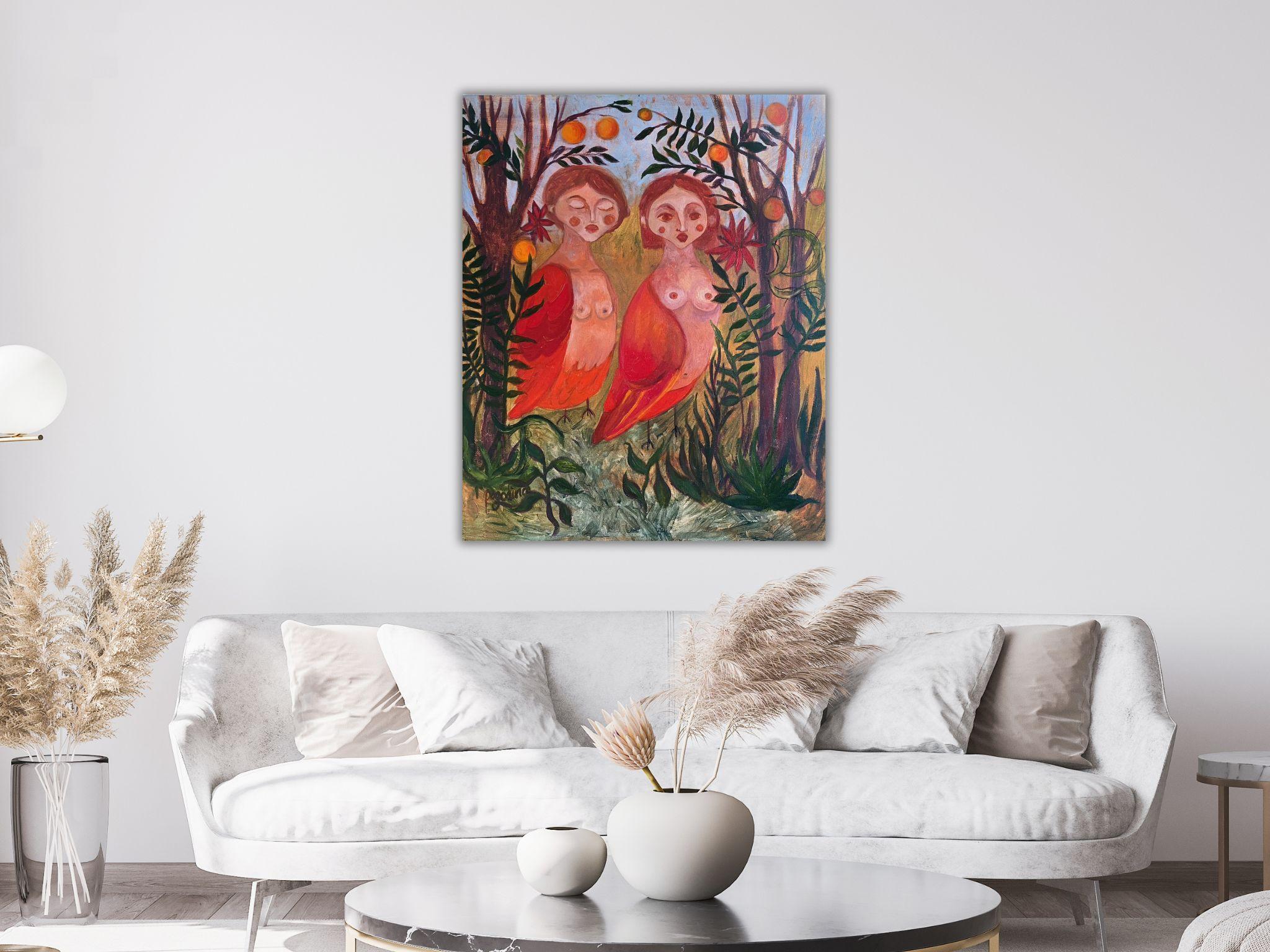 Sirens Art Modern Woman Nude, Bird Woman, canvas, oil  - Garden guards 90x75 cm For Sale 10