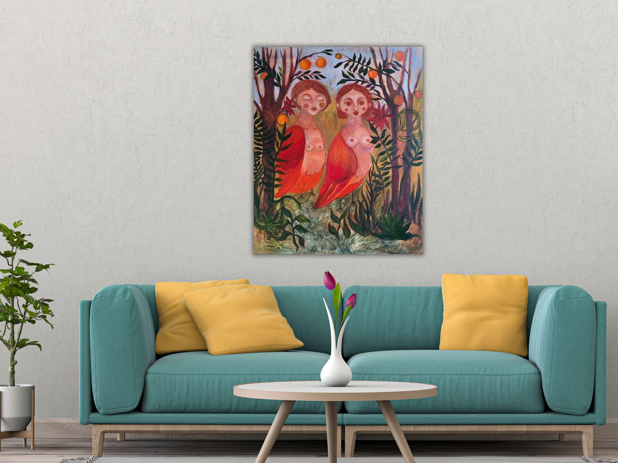 Sirens Art Modern Woman Nude, Bird Woman, canvas, oil  - Garden guards 90x75 cm For Sale 12