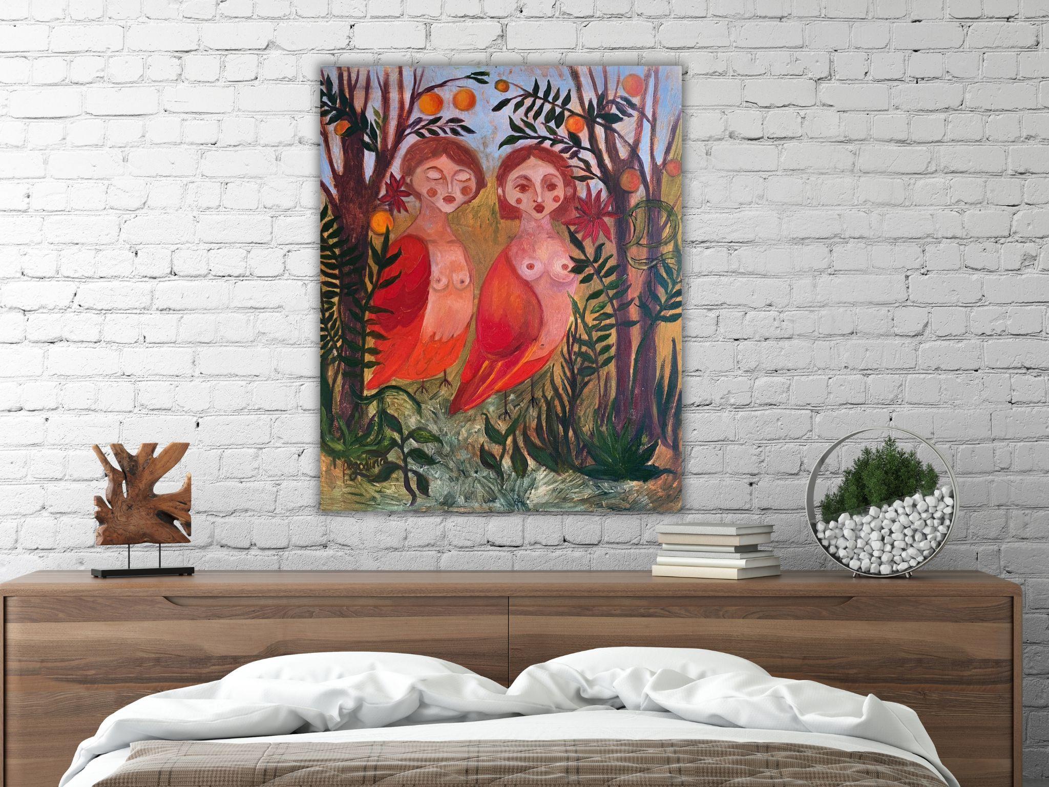 Sirens Art Modern Woman Nude, Bird Woman, canvas, oil  - Garden guards 90x75 cm - Painting by Dasha Pogodina