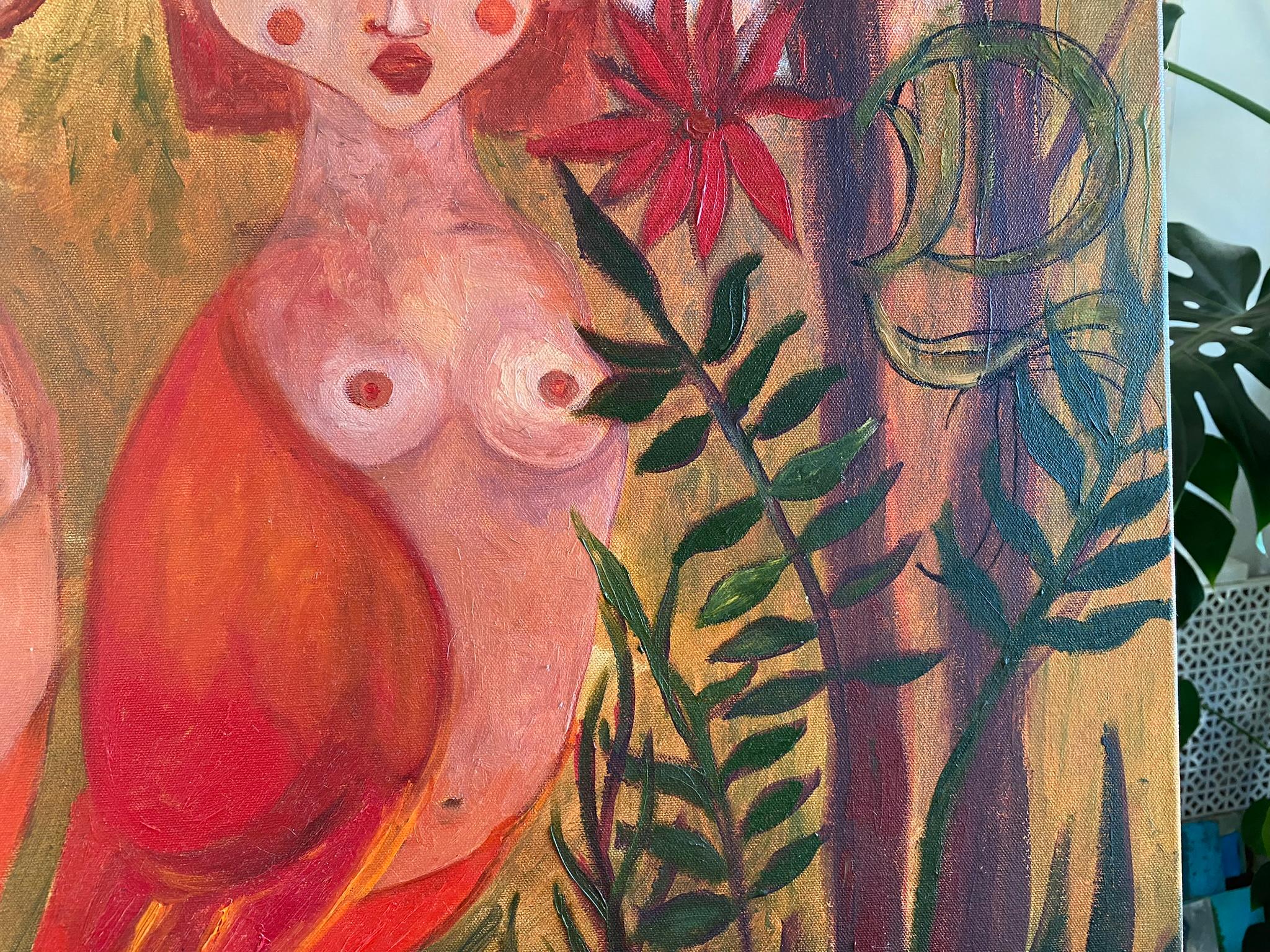Sirens Art Modern Woman Nude, Bird Woman, canvas, oil  - Garden guards 90x75 cm For Sale 1