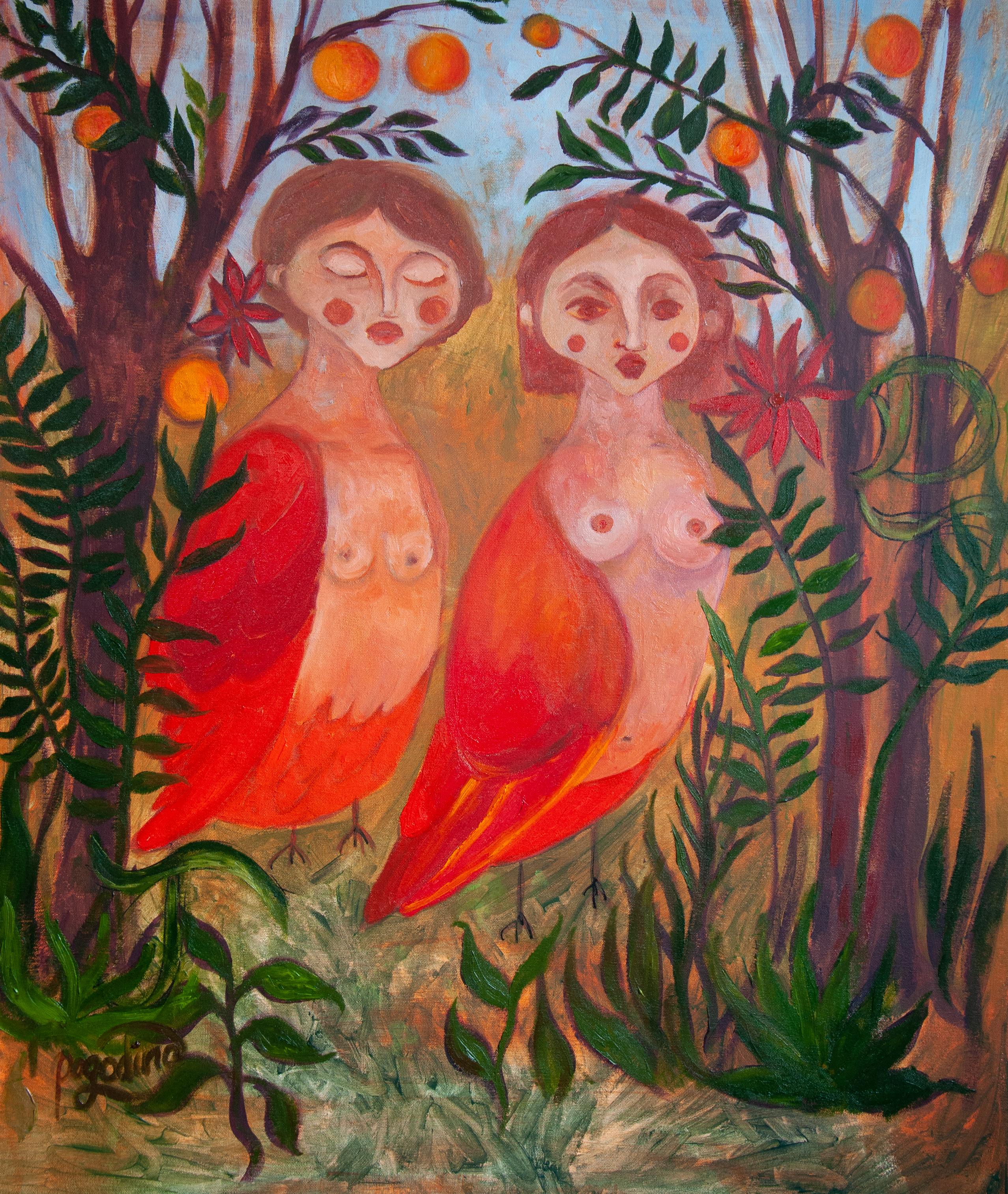 Dasha Pogodina Nude Painting - Sirens Art Modern Woman Nude, Bird Woman, canvas, oil  - Garden guards 90x75 cm