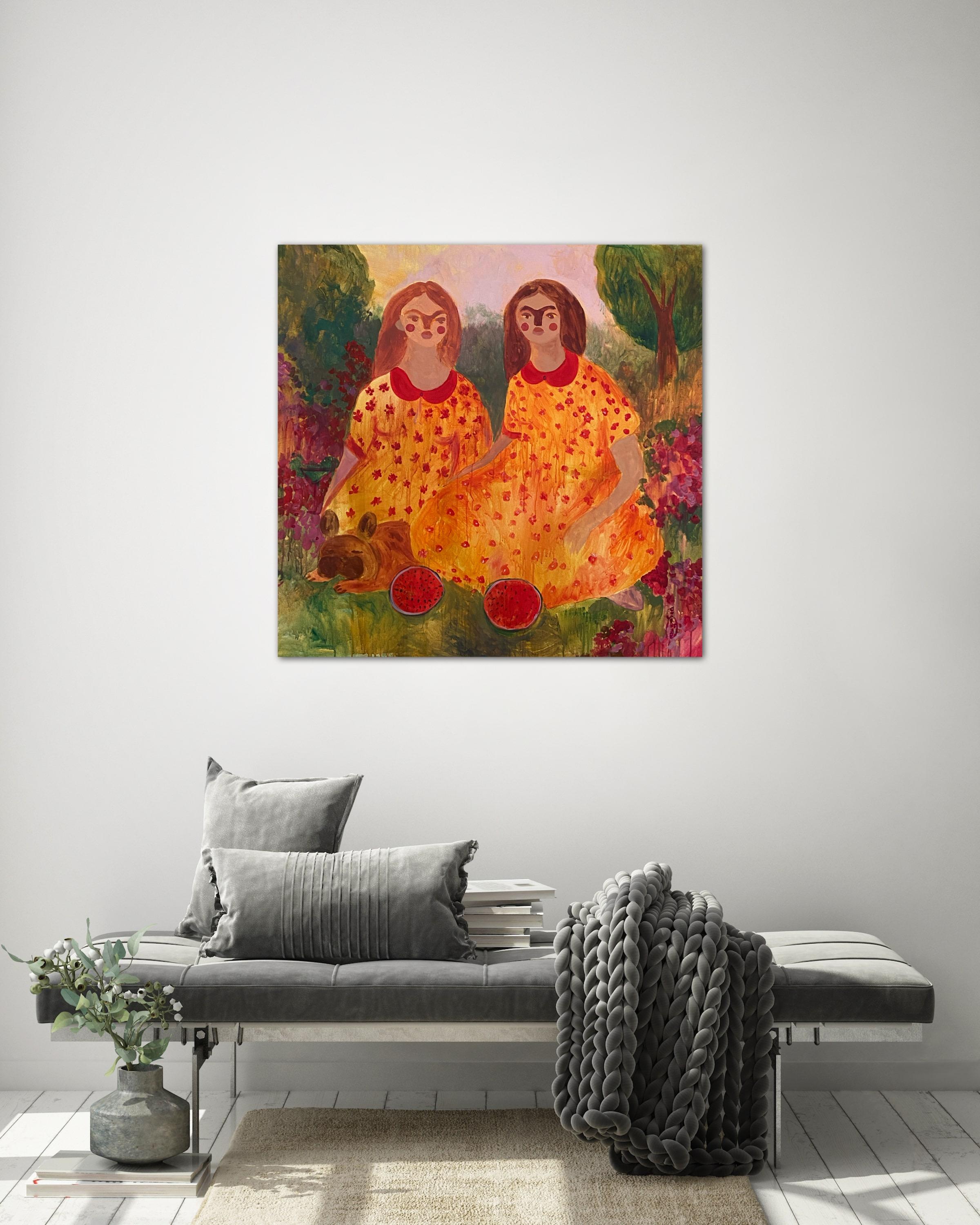 Sisters at a Picnic in the Garden - Painting by Dasha Pogodina