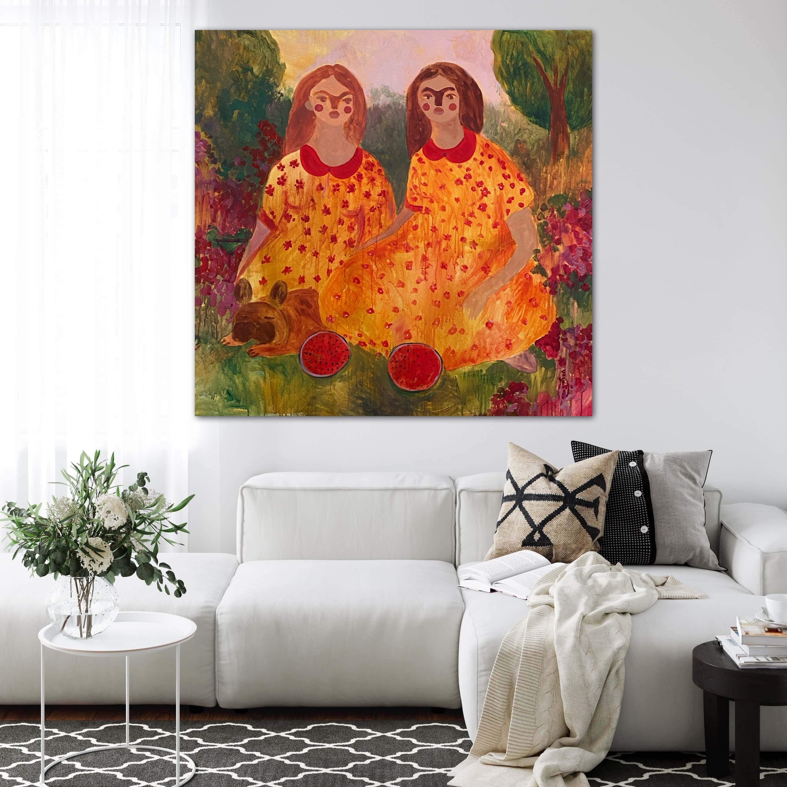 Schwestern bei einer Picnic im Garten (Impressionismus), Painting, von Dasha Pogodina