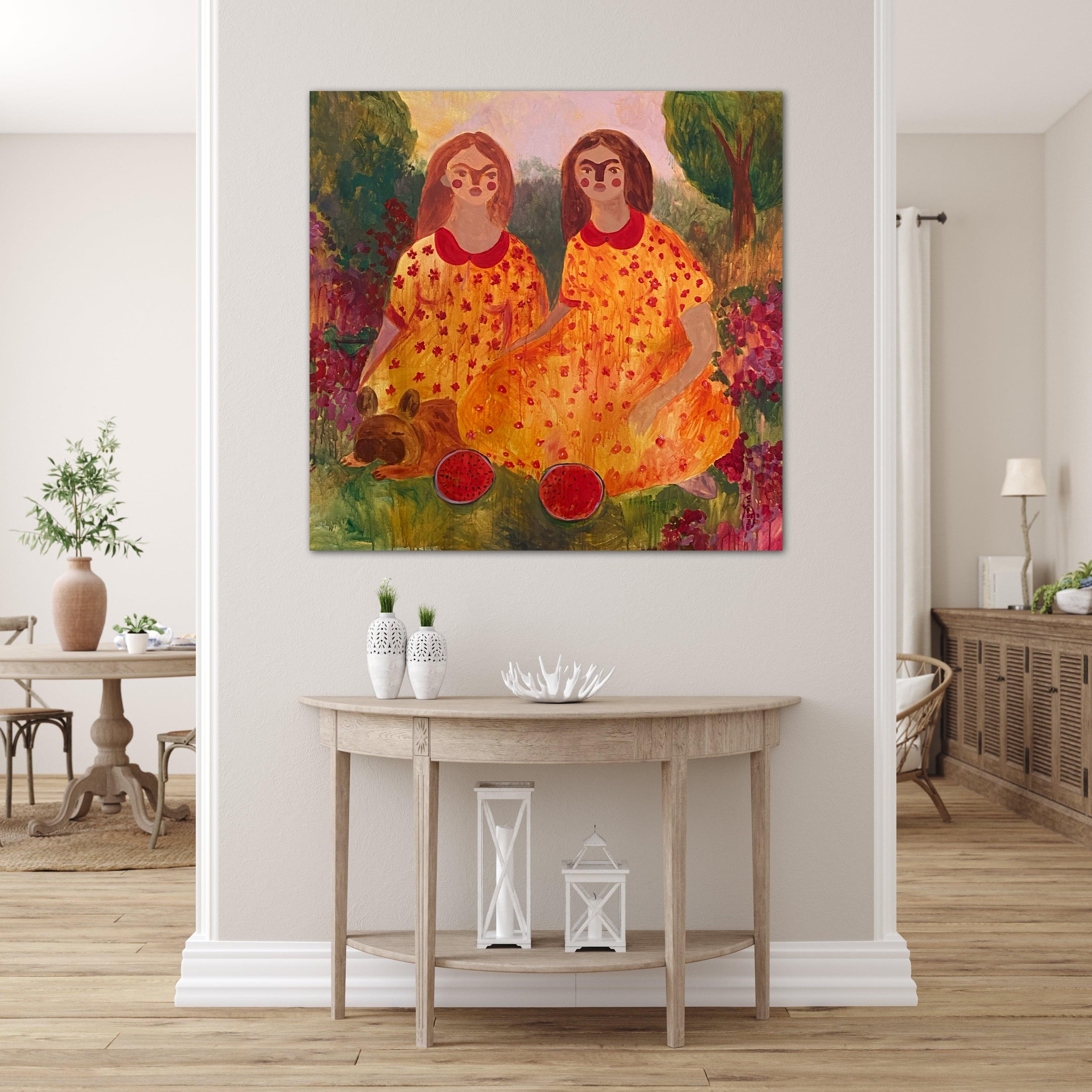 This painting will come to you stretched on a wooden stretcher and completely ready to be placed in the interior.

ABOUT THE ARTWORK
In the work 'Sisters at a Picnic in the Garden,' I captured an intimate moment of family connection and joy that