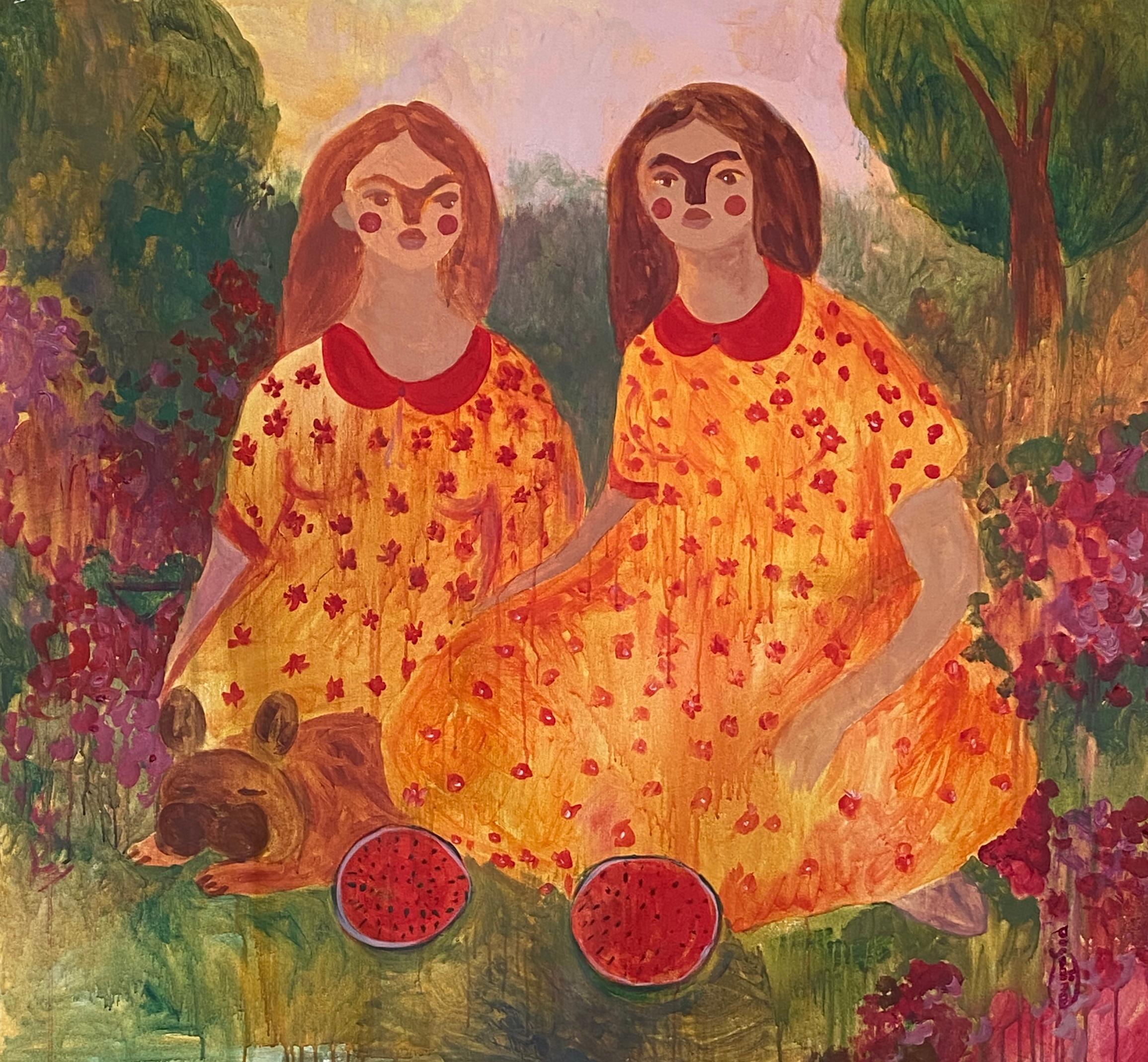 Dasha Pogodina Figurative Painting – Schwestern bei einer Picnic im Garten