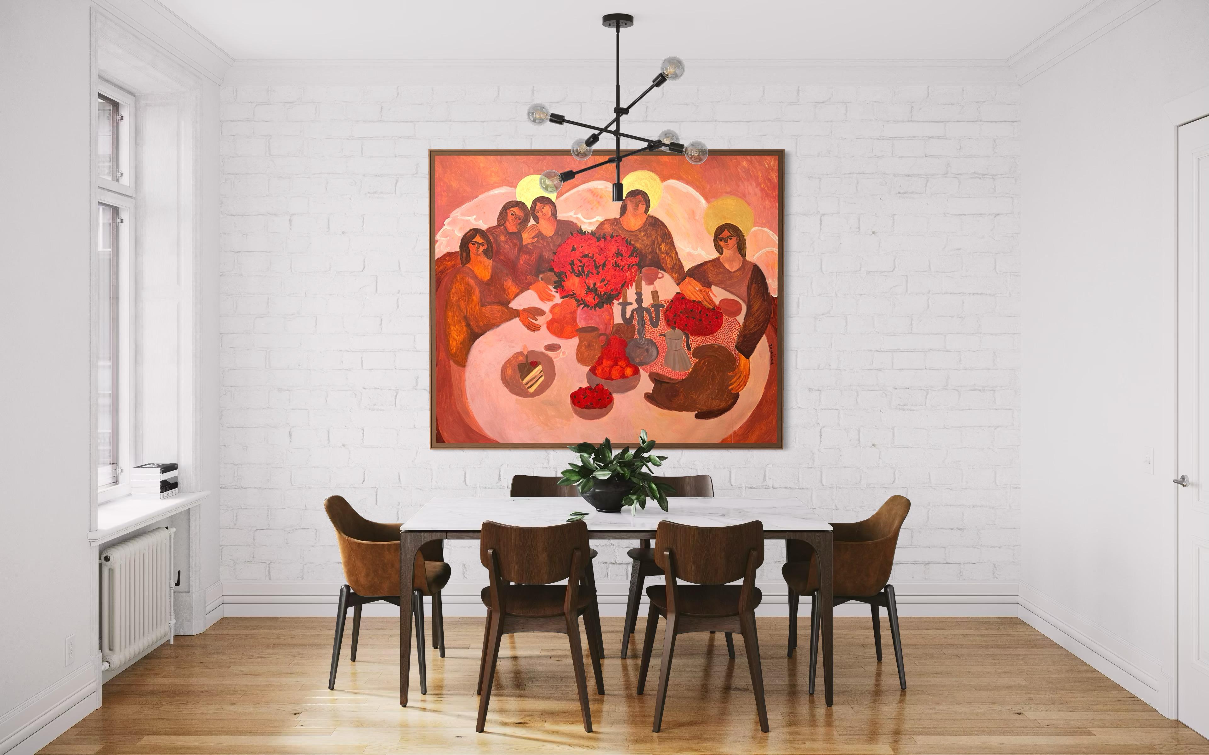 À PROPOS DE L'ŒUVRE D'ART
Dans Sunday Breakfast, l'artiste poursuit le thème de la table comme espace de présence spirituelle. Le repas du dimanche matin apparaît ici comme un moment où la vie ordinaire touche au sacré. Les personnages auréolés