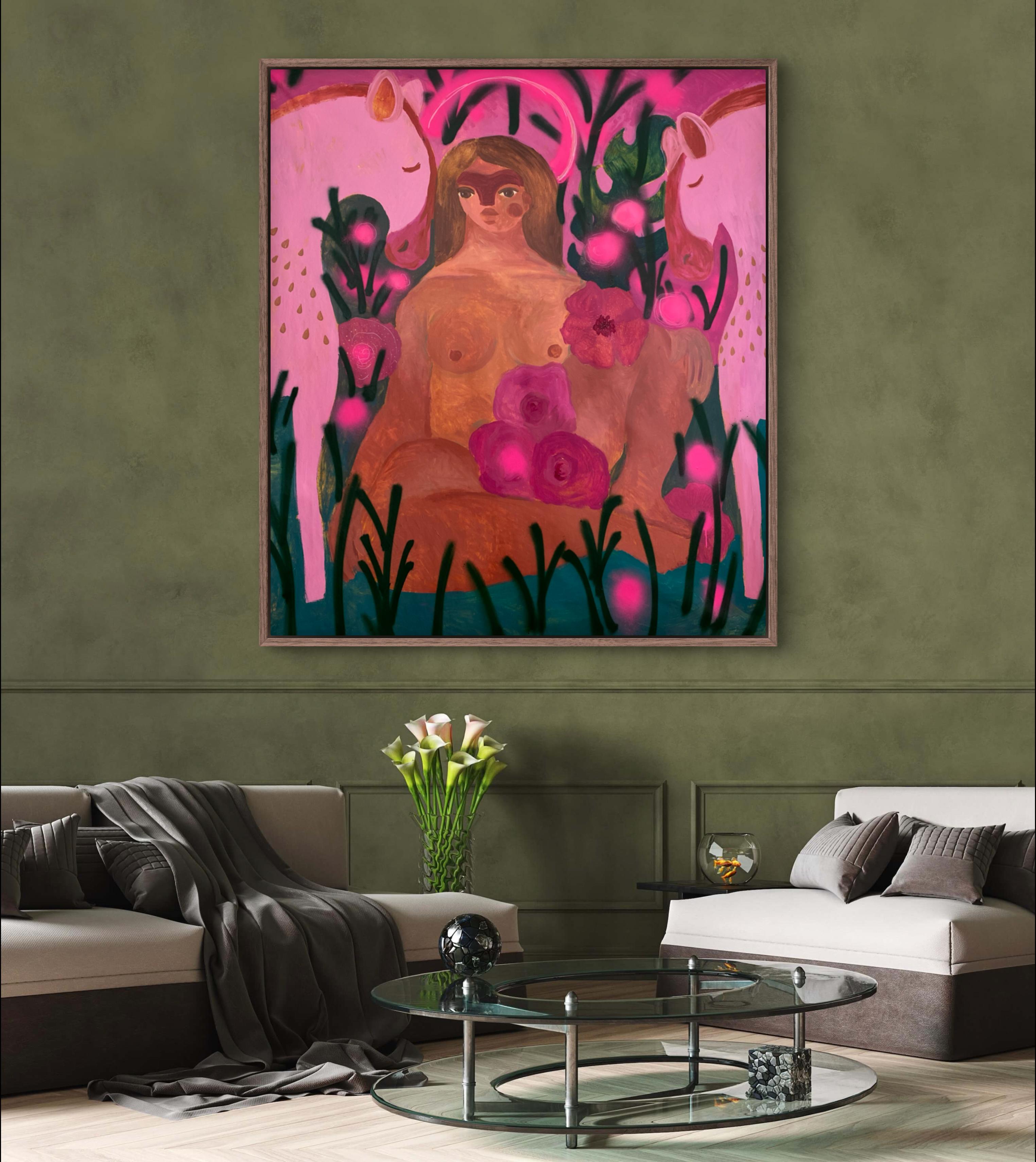 Vergine Maria nel roseto - Figurative Painting Rosa di Dasha Pogodina