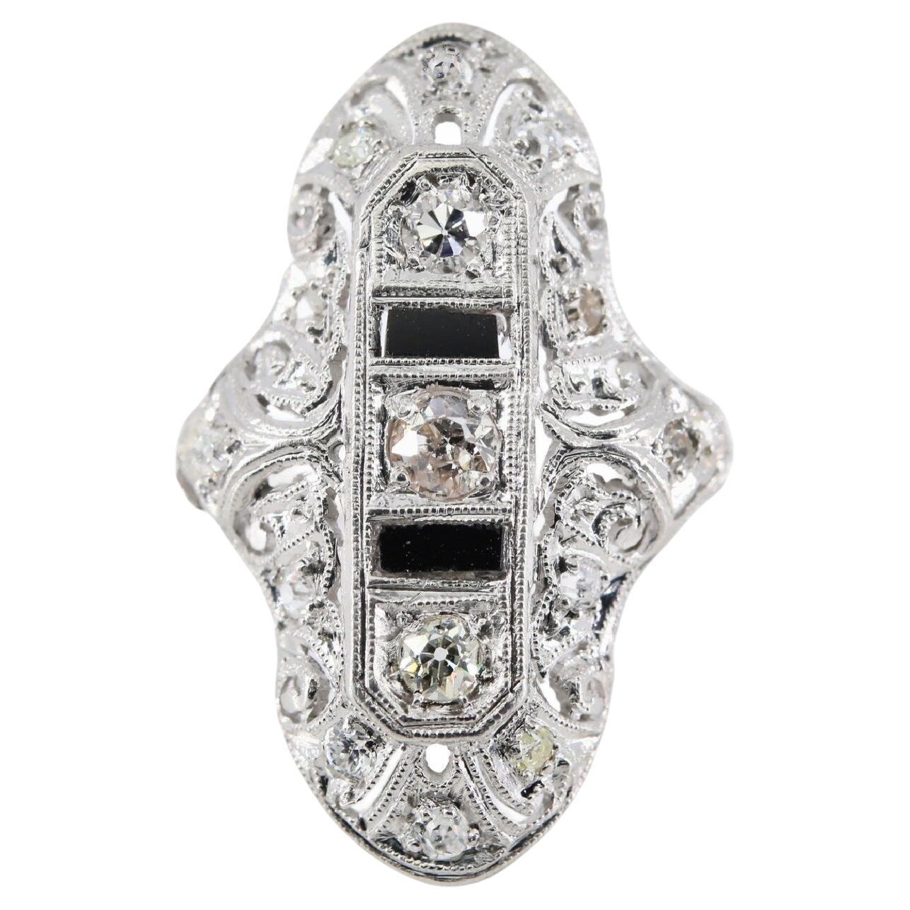 Dashing Art Deco European Cut Diamond & Onyx Cocktail Ring in Platinum Circa 192 For Sale