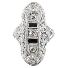 Antique Dashing Art Deco European Cut Diamond & Onyx Cocktail Ring in Platinum Circa 192