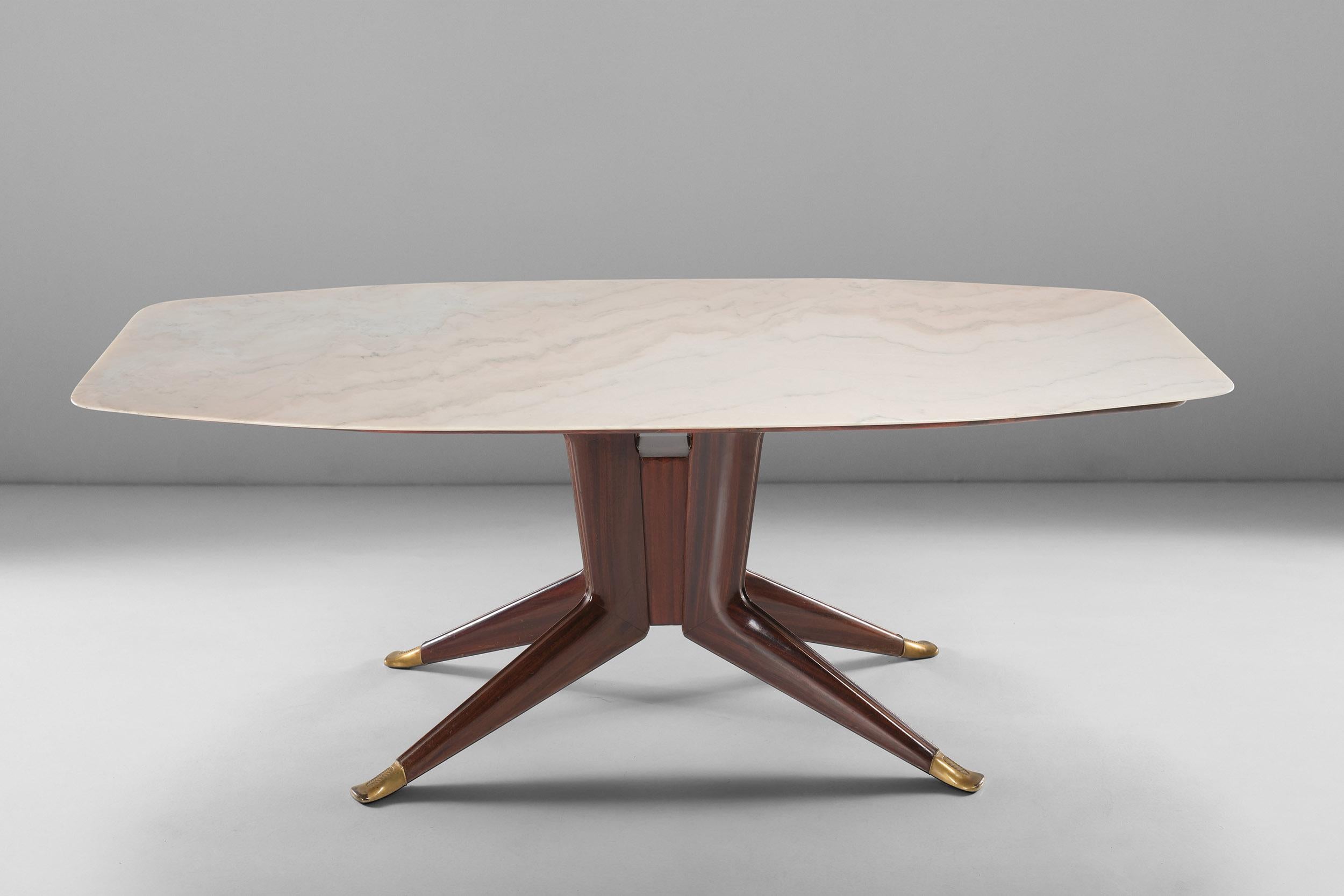 Mid-Century Modern Dassi Big Wooden Dining Table with Marble Top and Brass Feet, 1950 circa