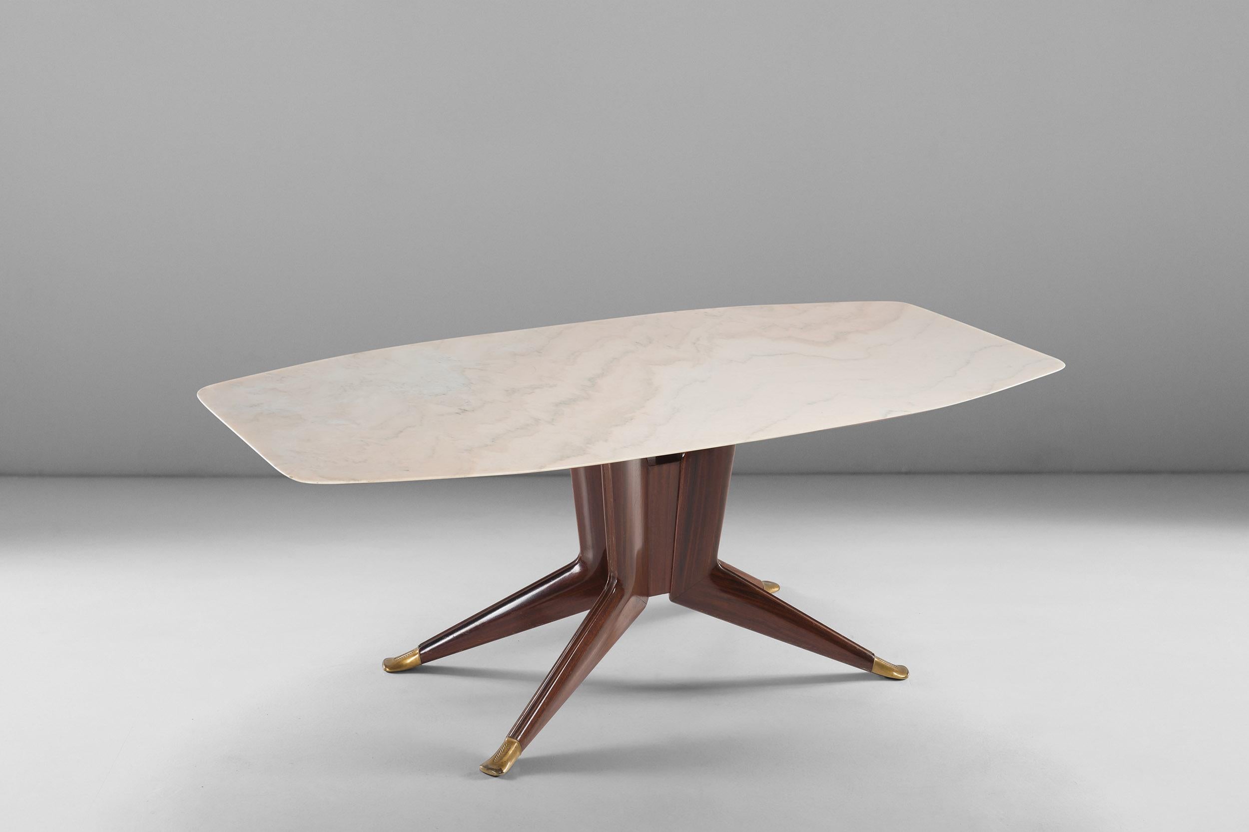 Italian Dassi Big Wooden Dining Table with Marble Top and Brass Feet, 1950 circa