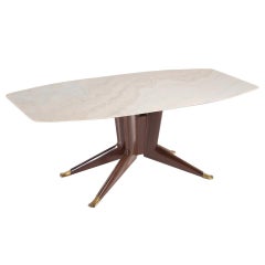 Dassi Big Wooden Dining Table with Marble Top and Brass Feet, 1950 circa
