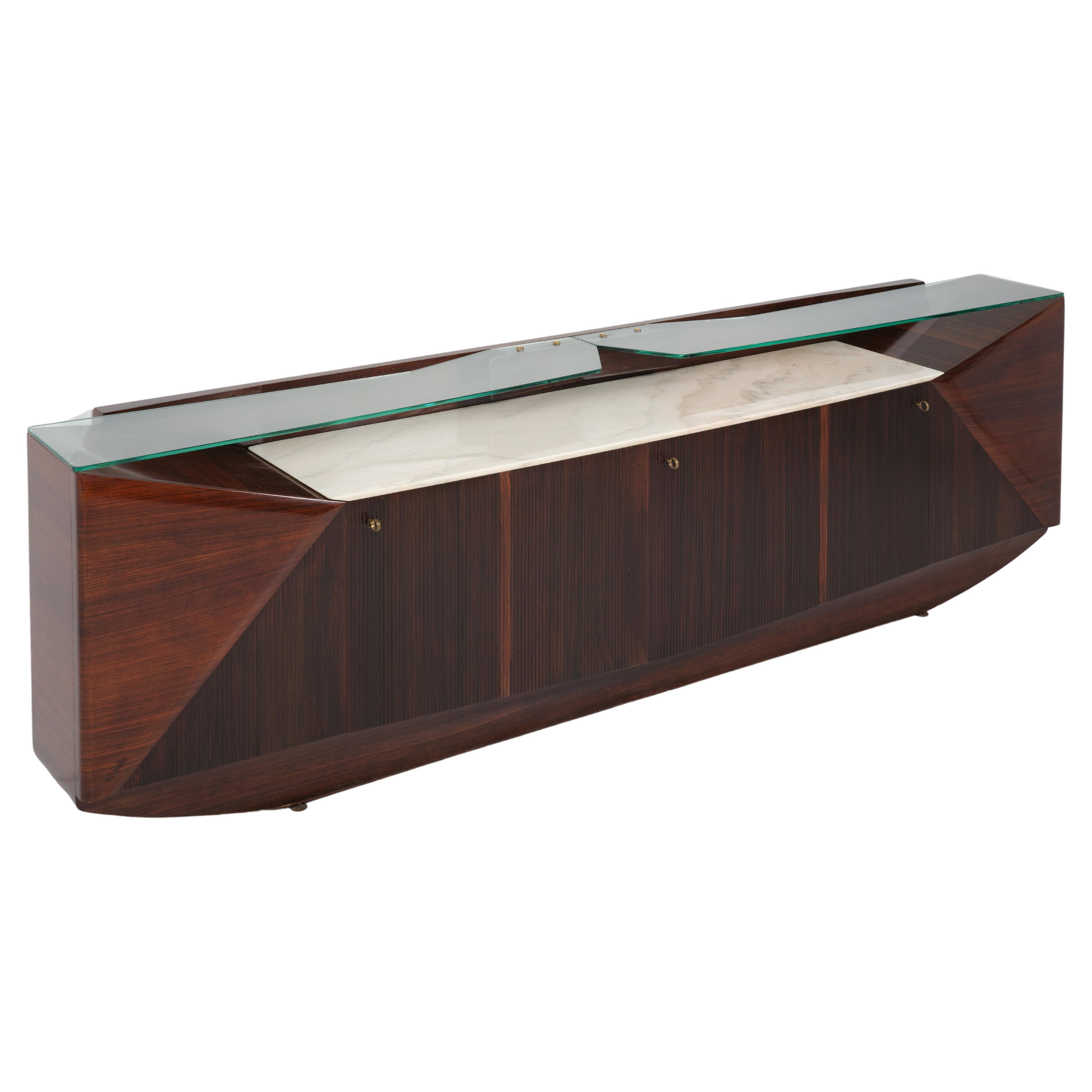 Dassi, Italian Walnut Sideboard in Marble and Glass with Brass Finishing, 1950